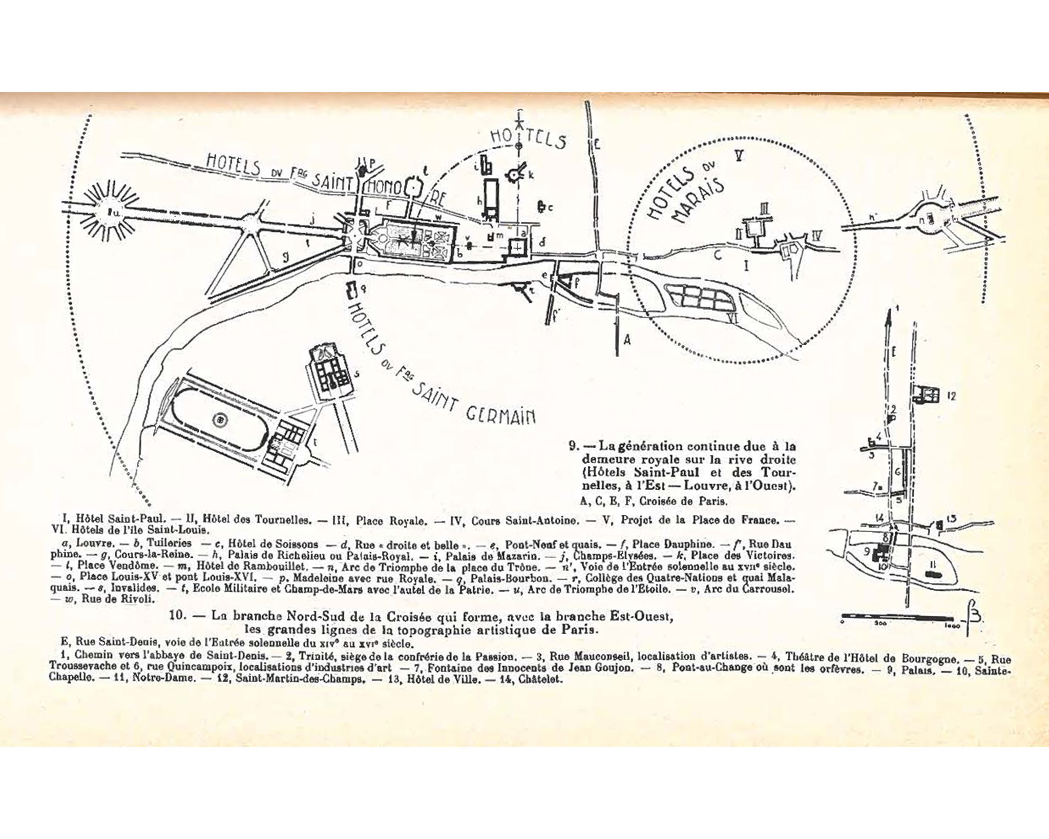 A vintage map depicting a section of Paris, illustrating various hotels and landmarks, including Hôtel Saint-Paul, Hôtel des Tournelles, and Palace Royal. The map features labeled locations, streets, and a diagrammatic representation of the area with notes regarding notable sites around the Seine River, marked with directional arrows and annotations. The overall style is reminiscent of early 20th-century cartography.