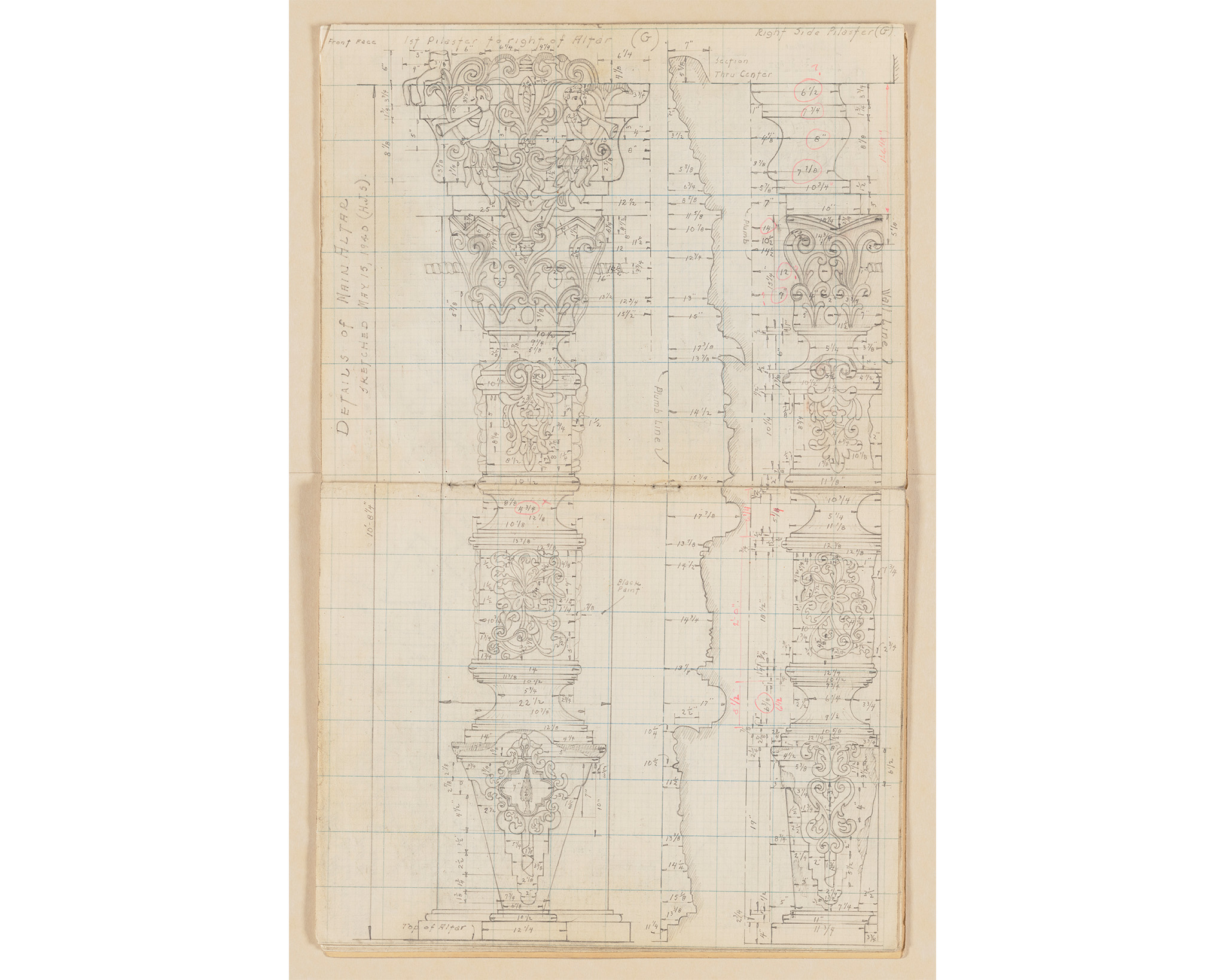 A detailed architectural drawing featuring a stylized column design. The illustration includes multiple views and annotations showing measurements and intricate decorative elements. The drawing is rendered on a gridded background and features various notes and markings in red, detailing dimensions and specifications for the column's construction.