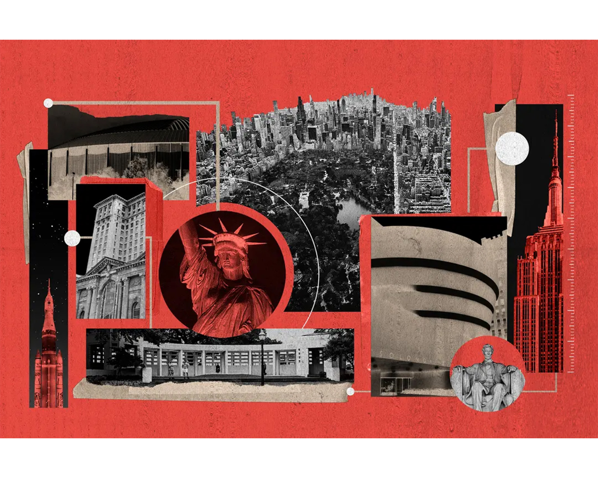 A collage featuring iconic New York City landmarks against a red background. Images include the Statue of Liberty, the Empire State Building, Central Park, and the Guggenheim Museum, among others. Black-and-white photographs are contrasted with red highlights, creating a dynamic visual composition. Geometric shapes and lines connect the images, enhancing the modern artistic feel of the collage.