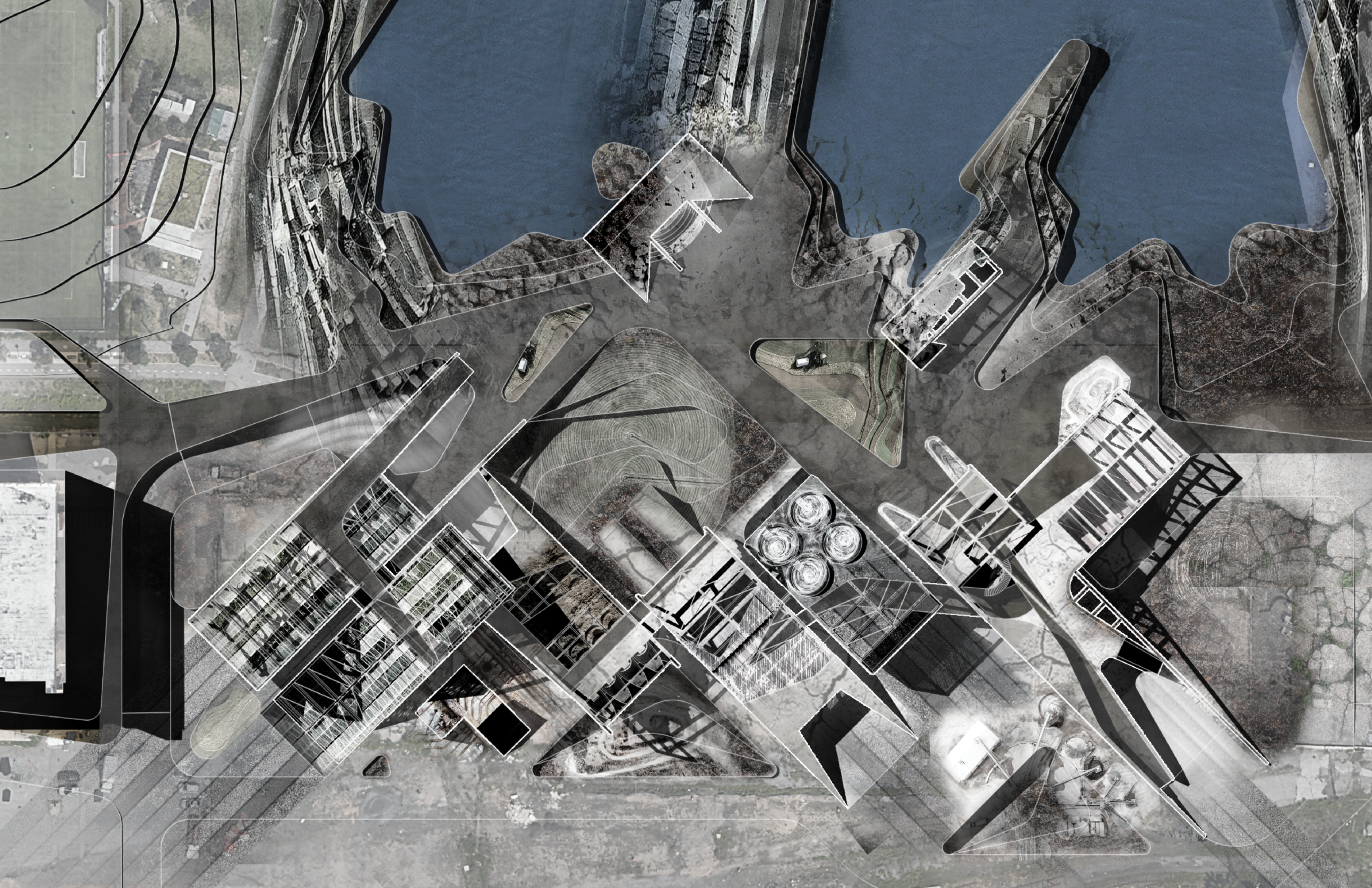 A collaged aerial plan of the student's Strata Soilworks. The plan shows the water at the coastline and the new terracing and levels created. Each of the buildings have the same distinctive framing with different levels of decay and growth into the surrounding site.