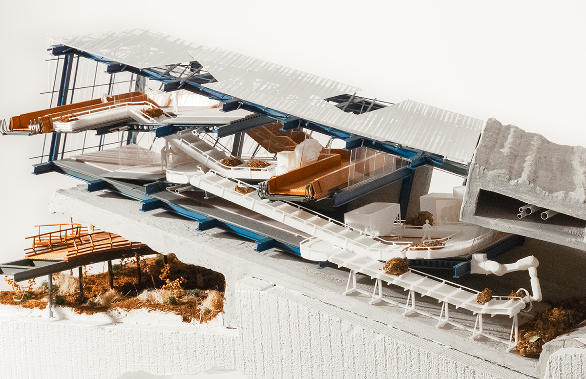 model image on a white background of the student's Strata Soilworks. It is a sectional model showing the inside of one of the boxes on the site.