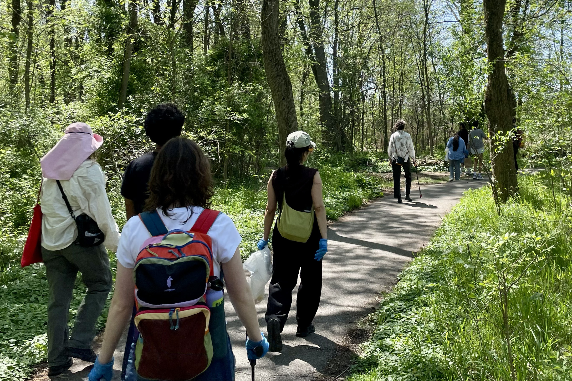 A group of seven people picking up trash along a nature trail.