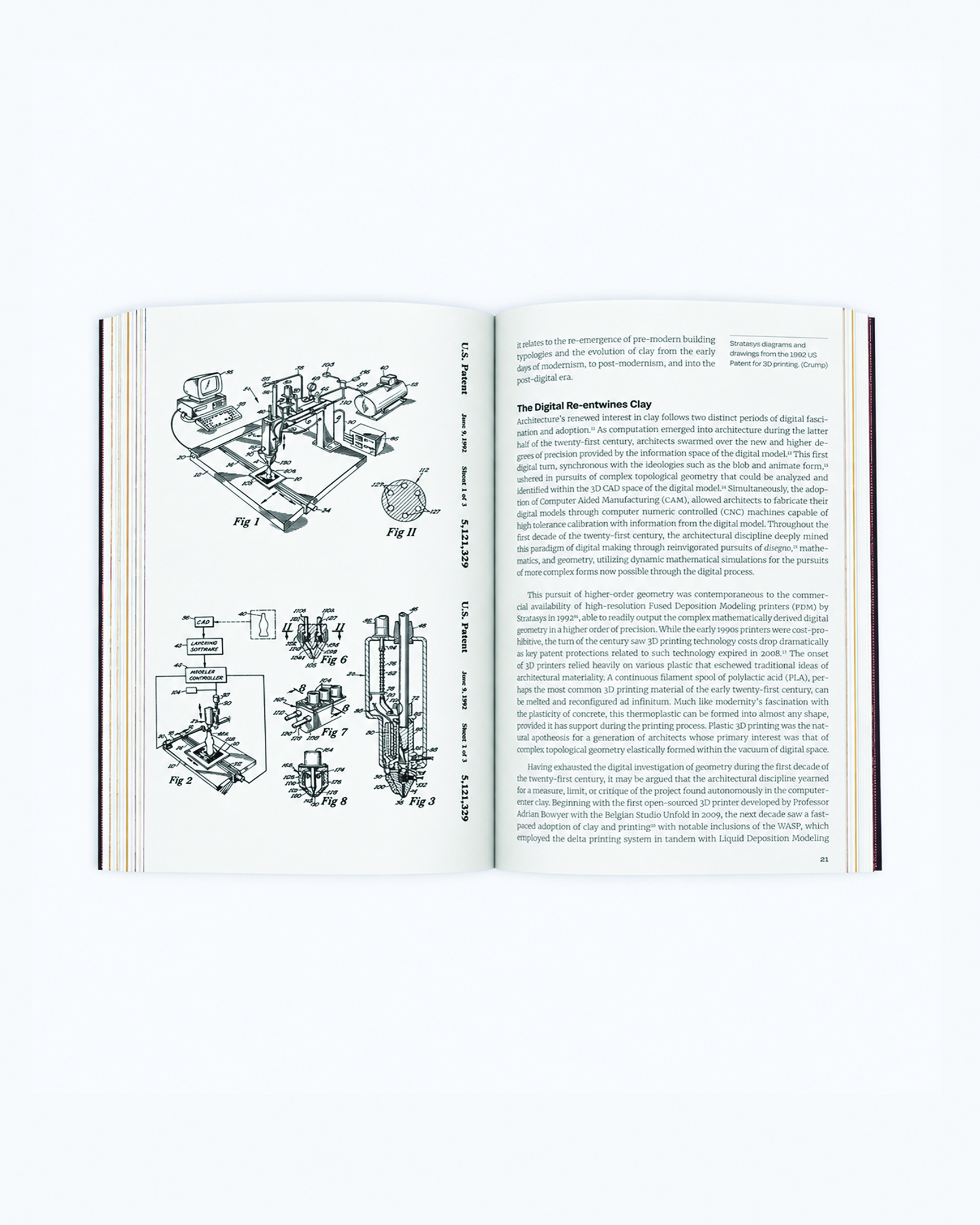 Interior layout of a book. The left side has black-and-white architectural drawings.