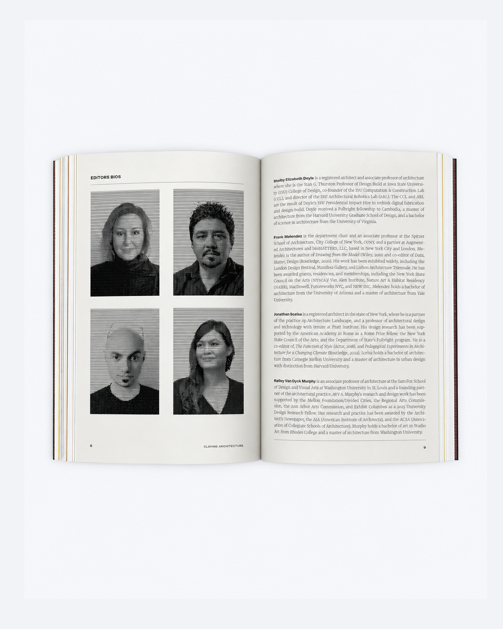 Interior layout of a book. The left side has four black-and-white portraits.