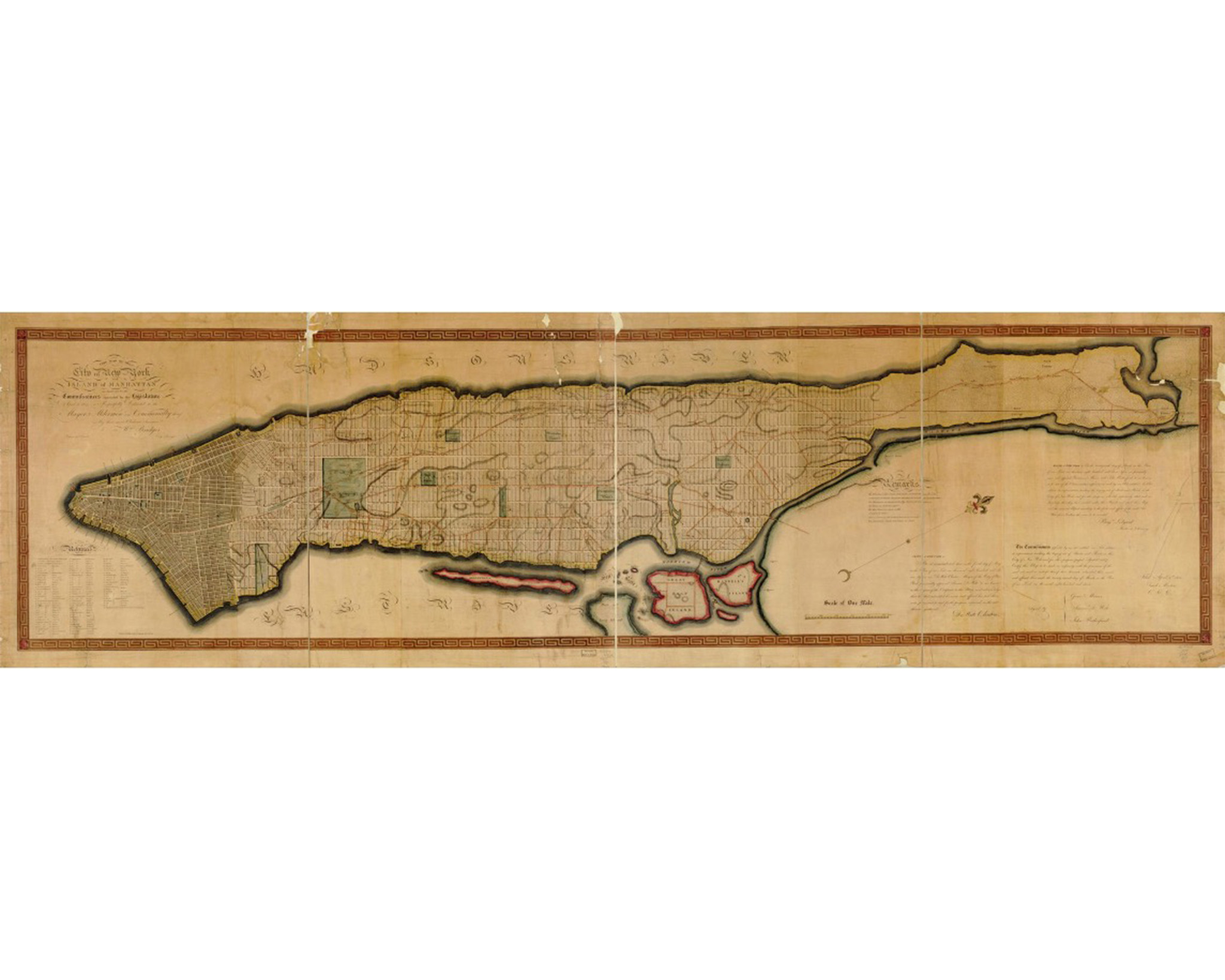 The 1811 Commissioners' Plan of New York superimposed on the existing terrain. Map of Manhattan, New York.