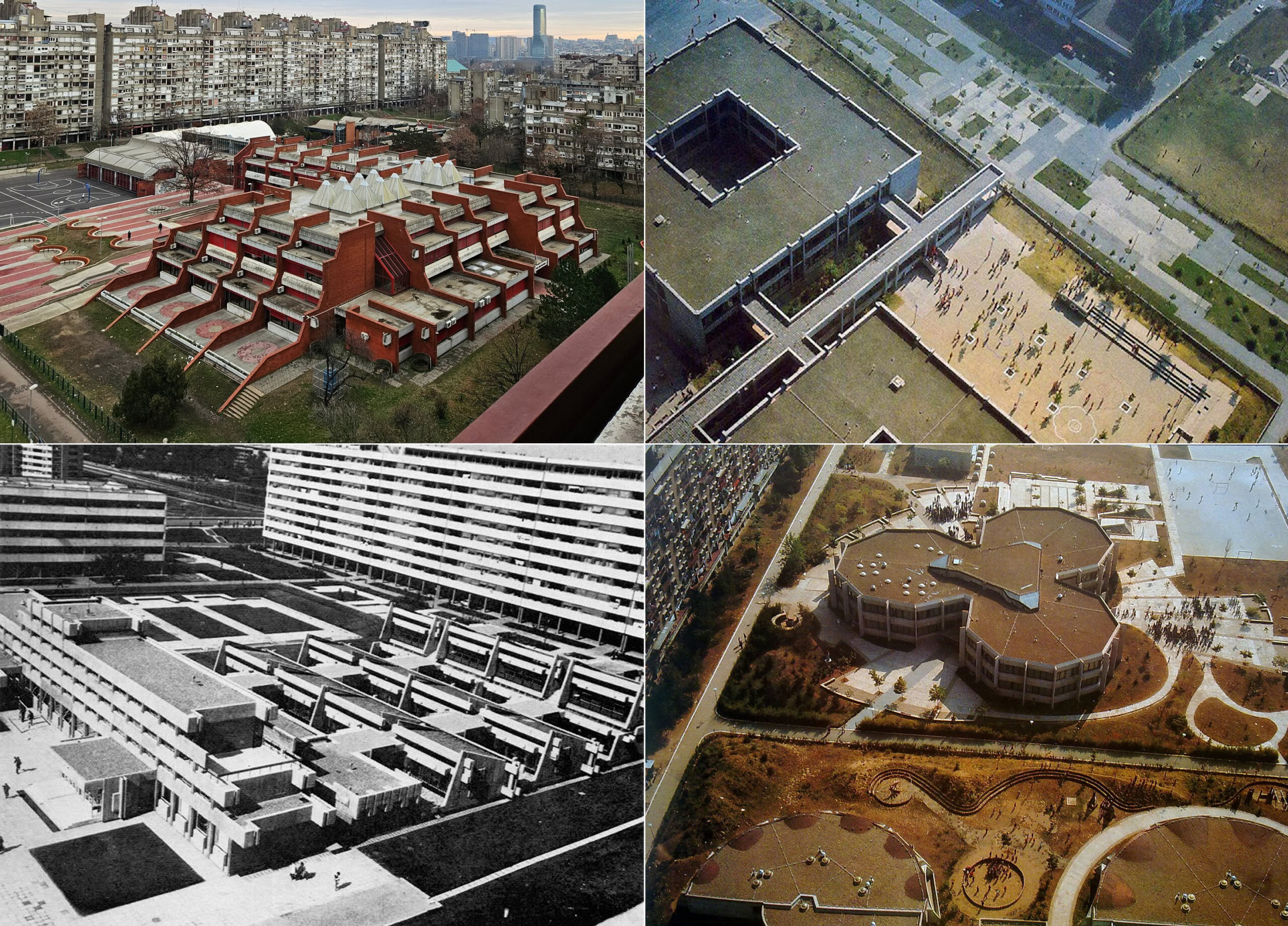Schools in New Belgrade, clockwise from top left: Osnovna Škola Laza Kostić, Aleksandar Stjepanović, Božidar Janković, and Branislav Karadžić, 1978, Block 23; Osnovna Škola Branko Radičević, Đorđo Vasiljević, 1975, Block 45; Osnovna Škola Ratko Mitrović, Petar Petrović, 1972, Block 38; Osnovna Škola Radoje Domanović, Janez Lajovic, 1973–74, Block 28.