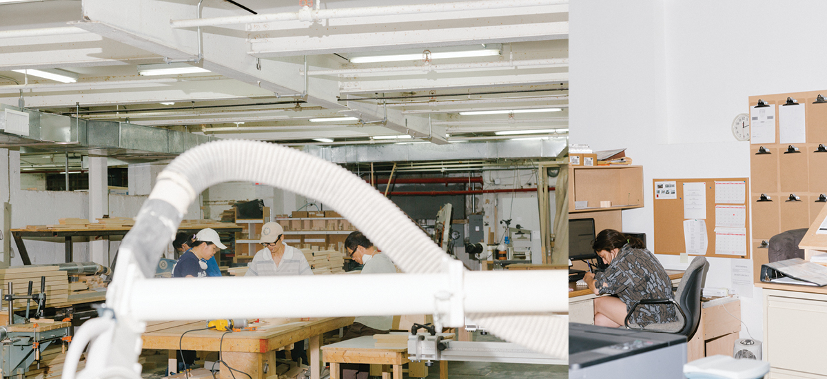 Views inside a frame fabrication workshop