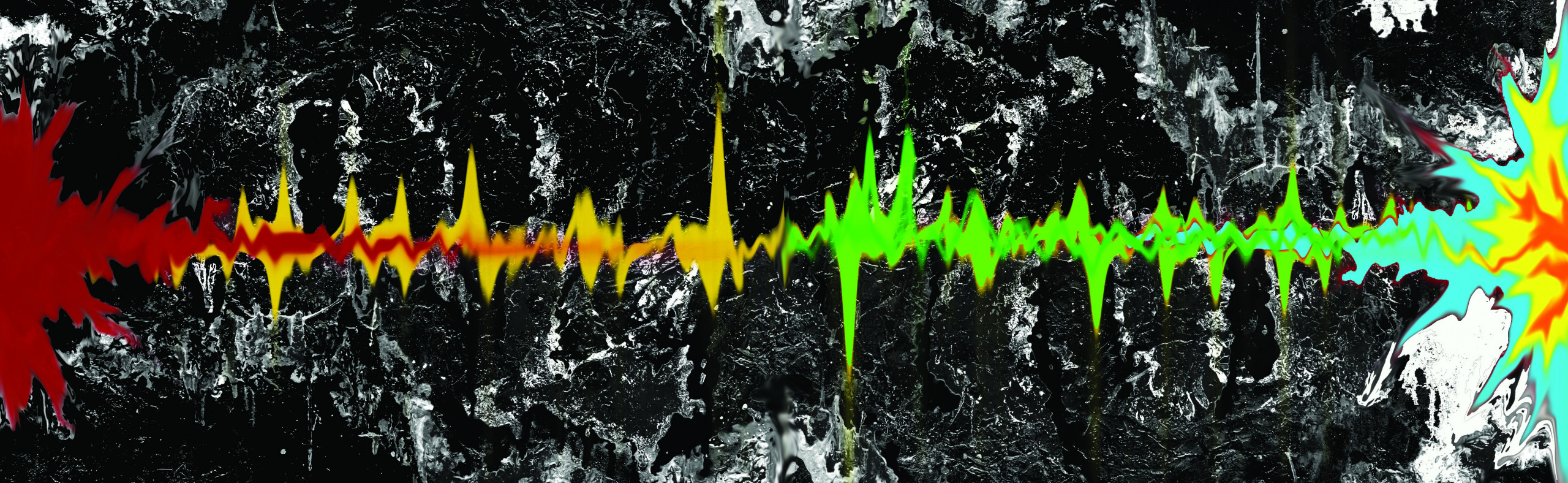 Abstract bursts of red on the left and blue, yellow, and orange on the right meet in a colorful bolt that extends across a textured black and white background