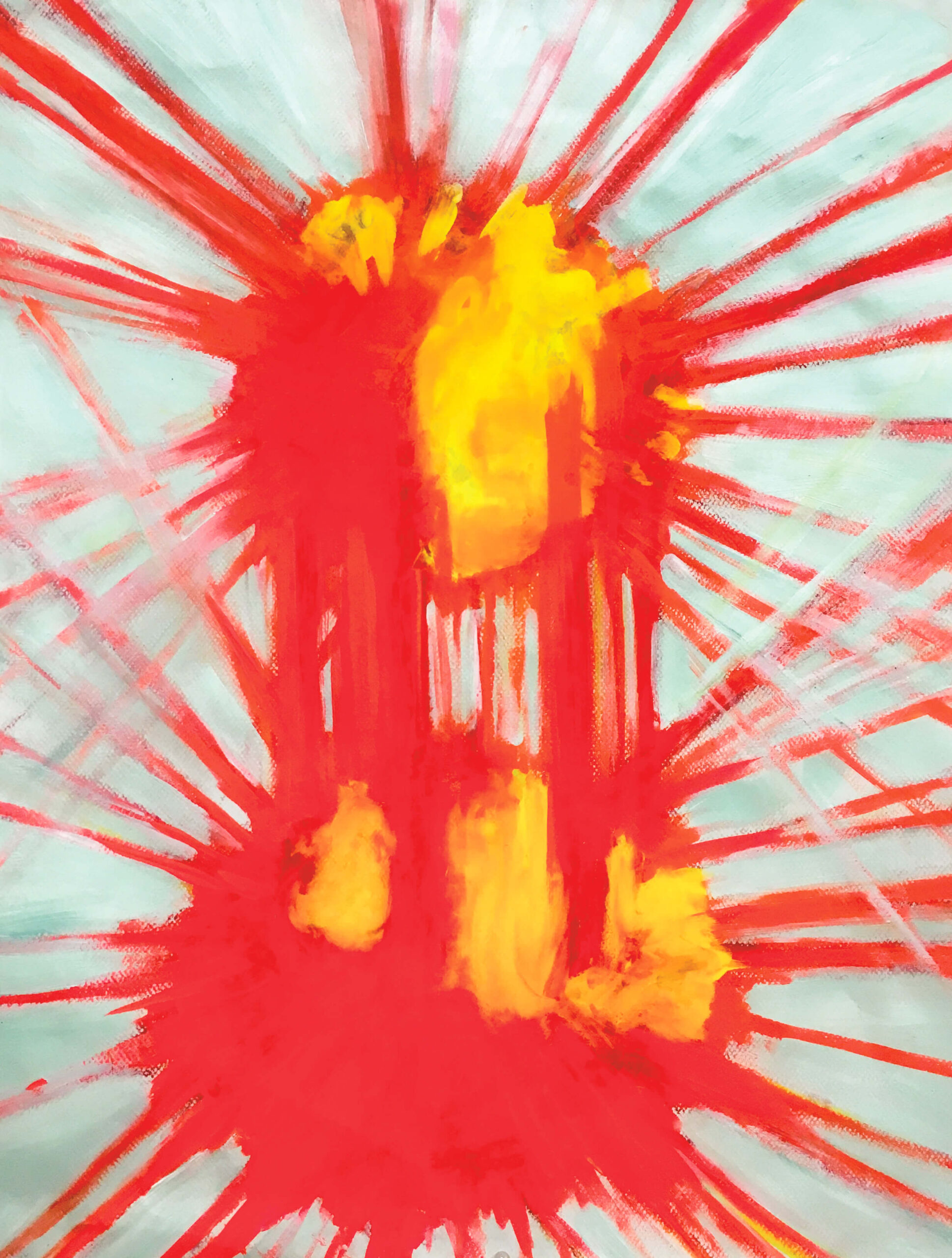 An abstract painting of two explosions on a light blue background. The explosions are colored in yellow and orange hues.