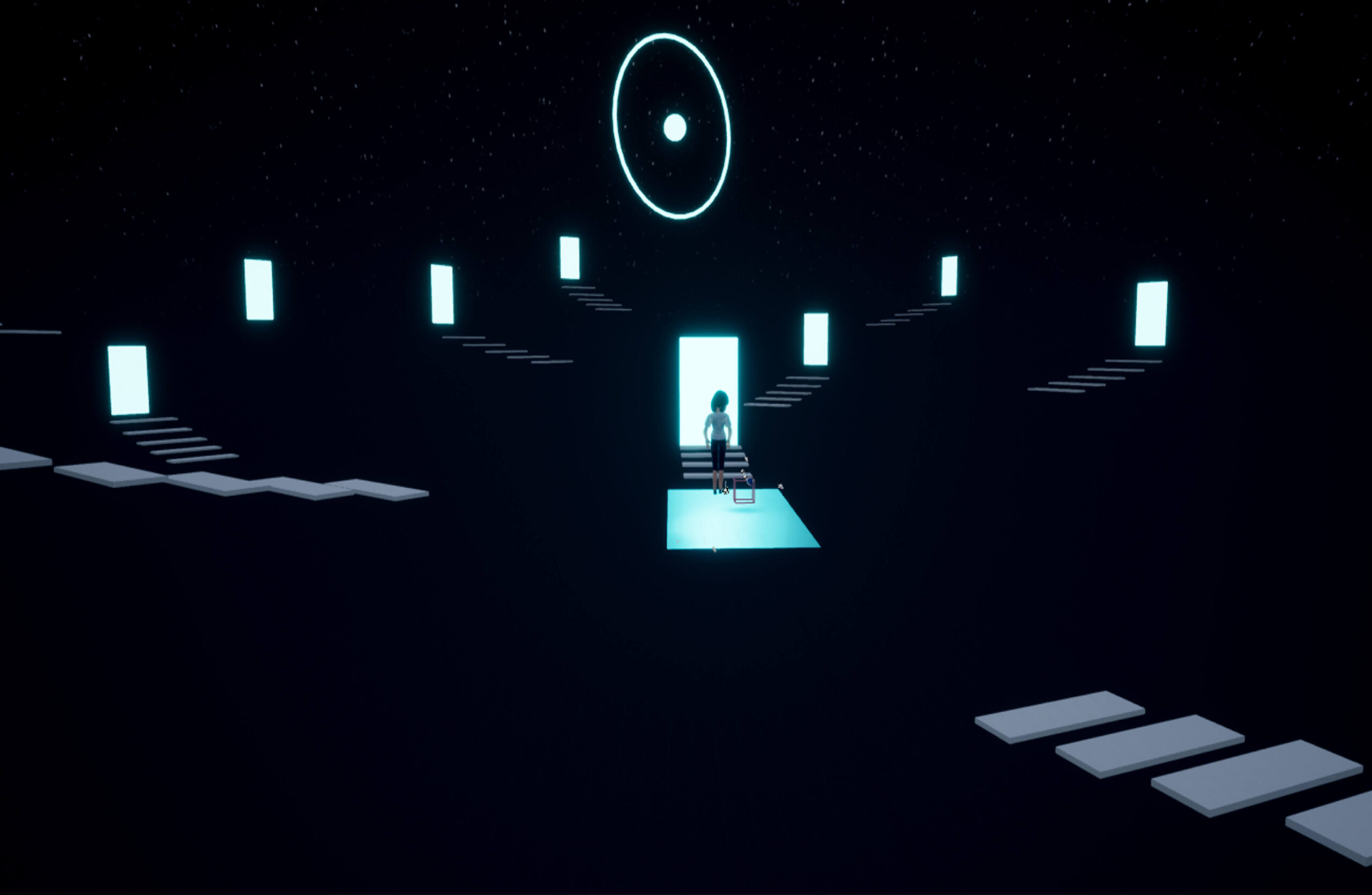 A still image of a platforming game. A character stand in a illuminated square in the middle of a pitch black room.