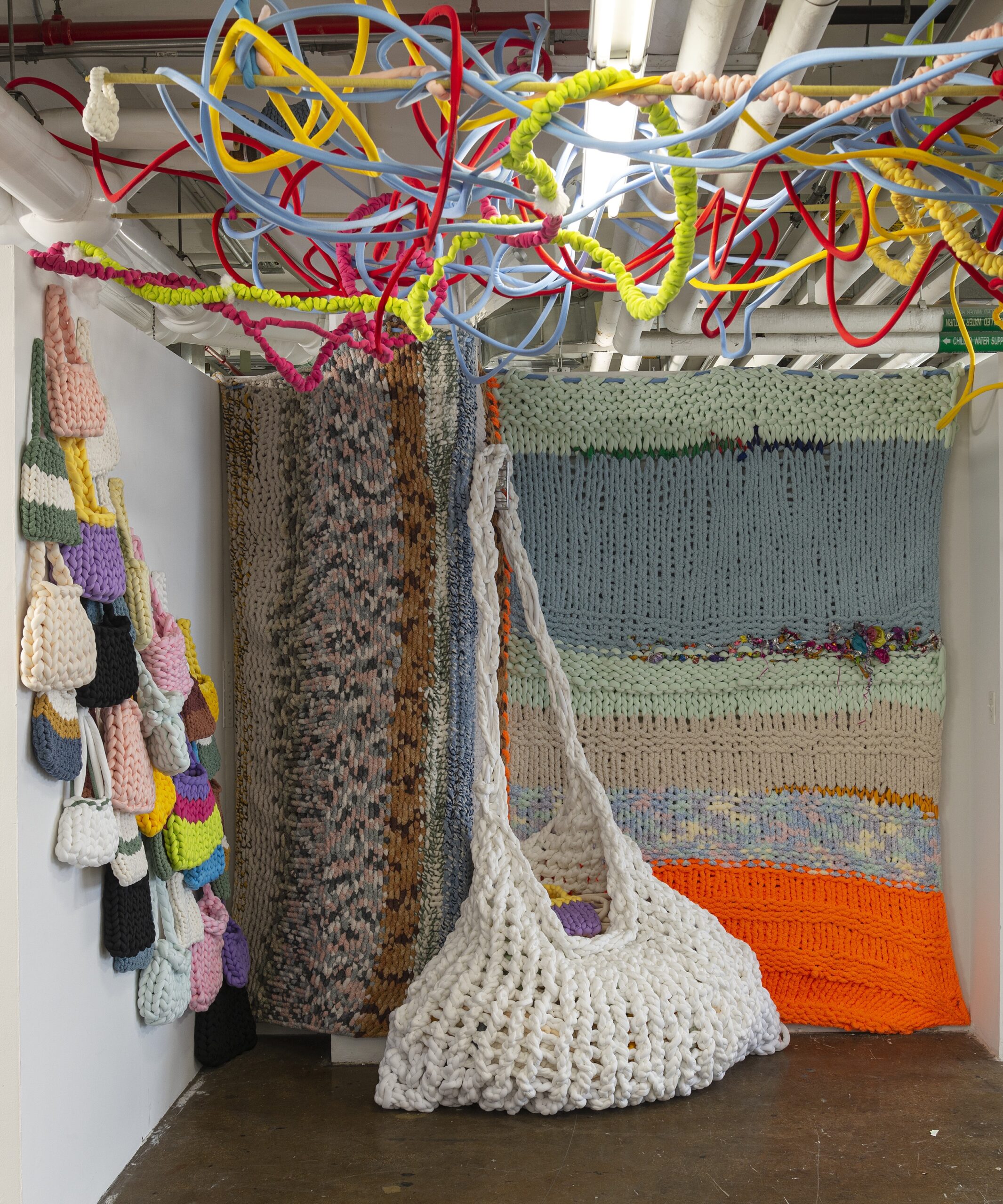 installation consisting of bags sown with large string