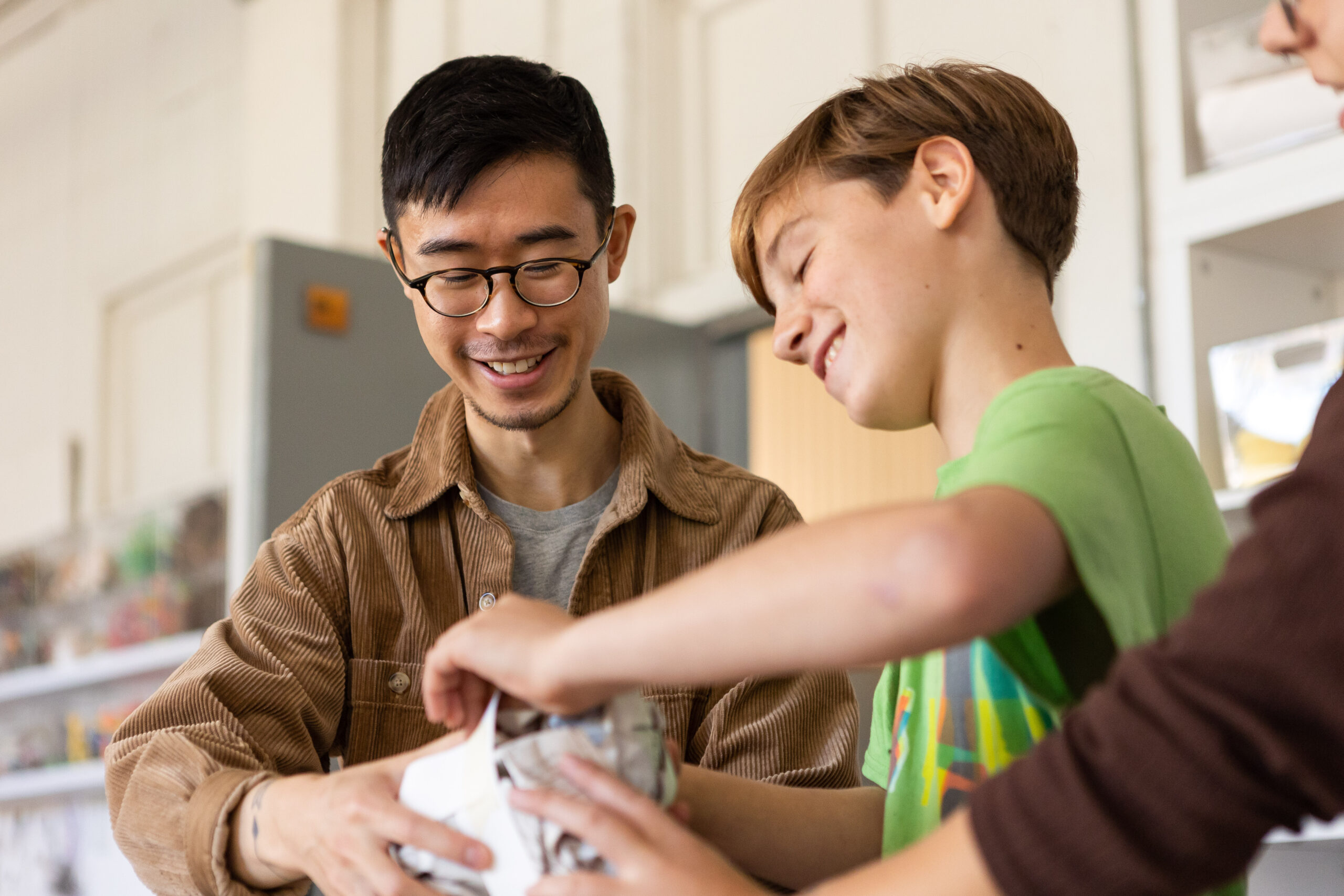 two students, in classroom, talking