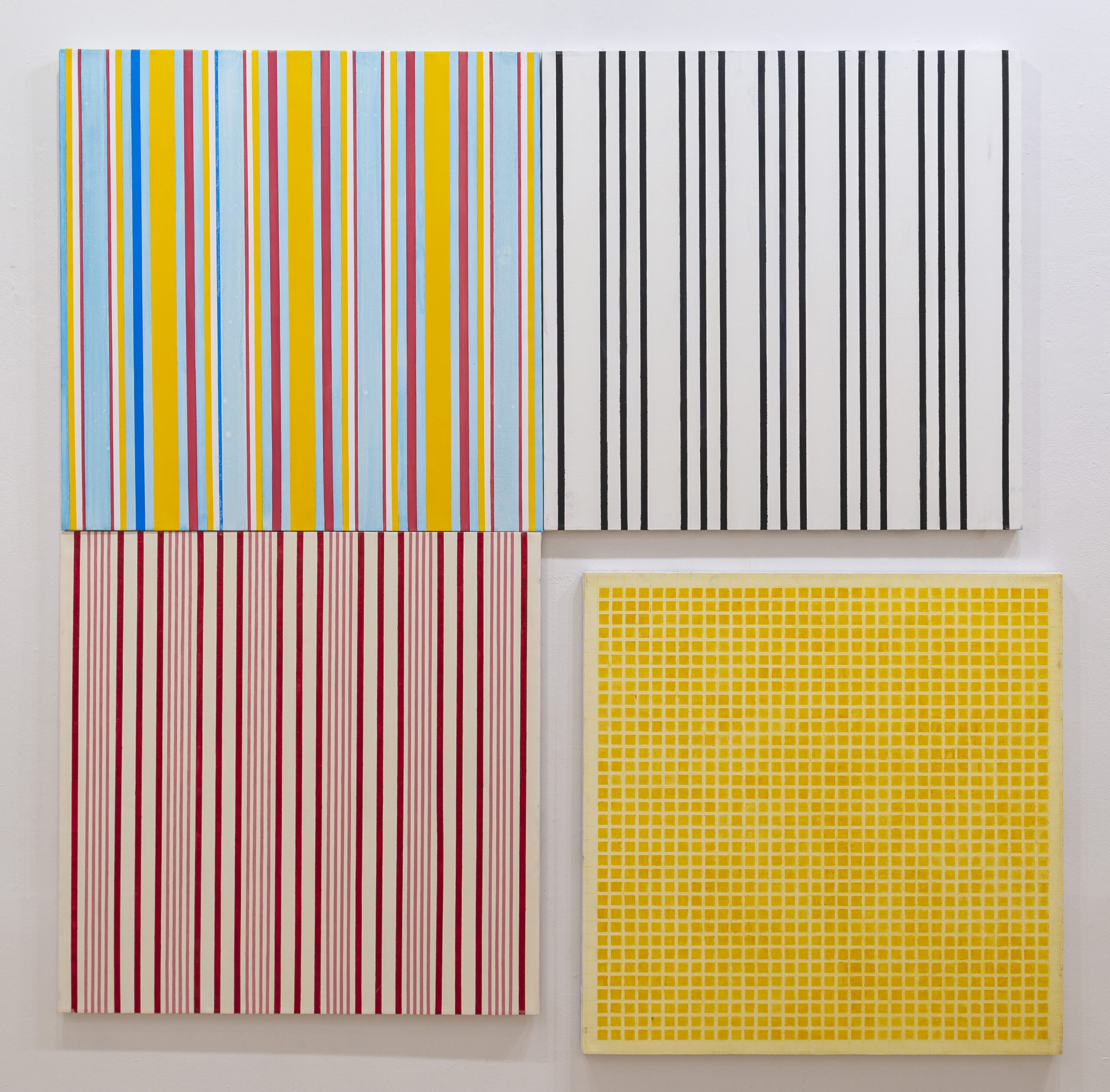 four paintings consisting of lines, on four small canvases