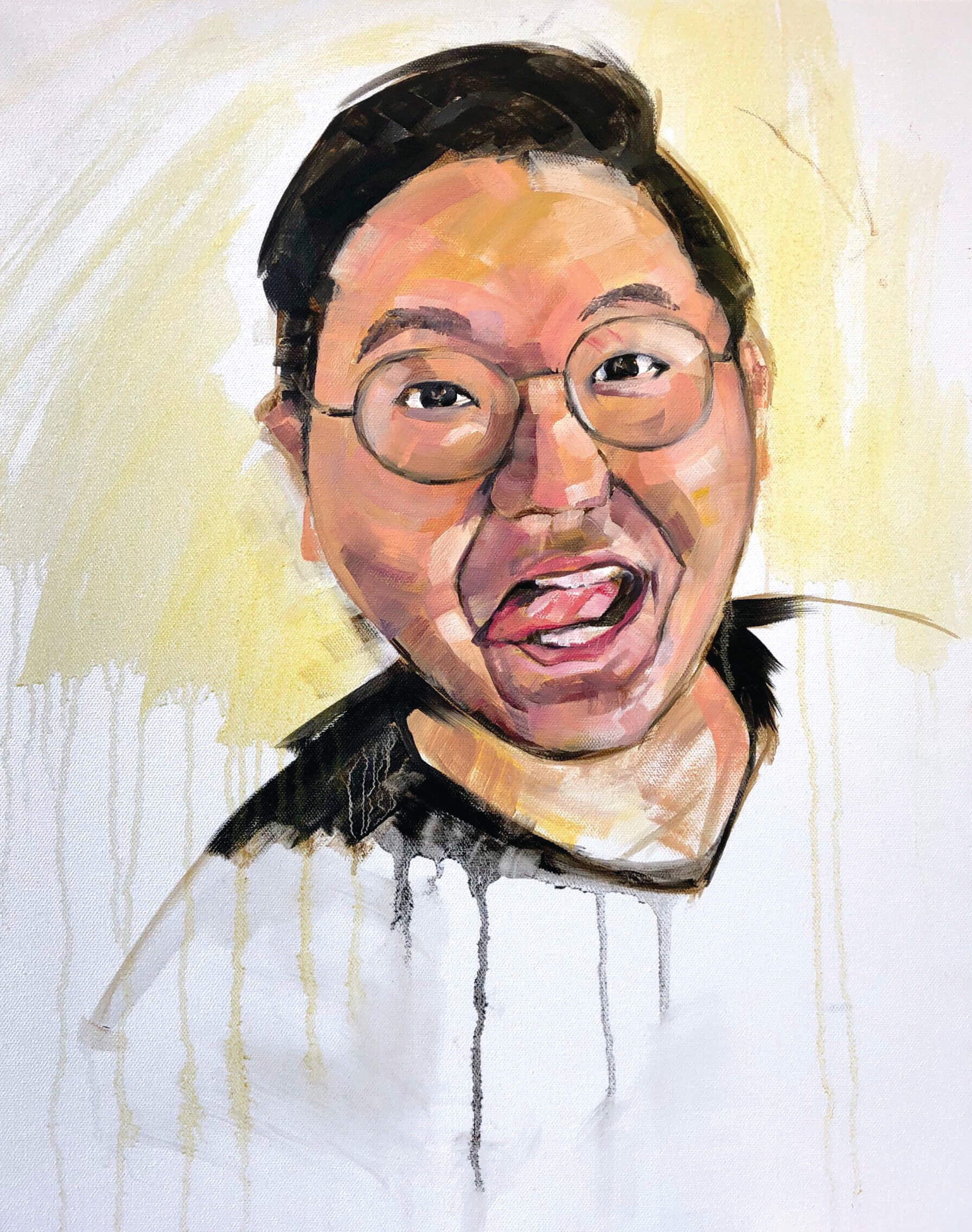 Graphic design portrait of a man wearing glasses, a white t-shirt and sticking his tongue out.