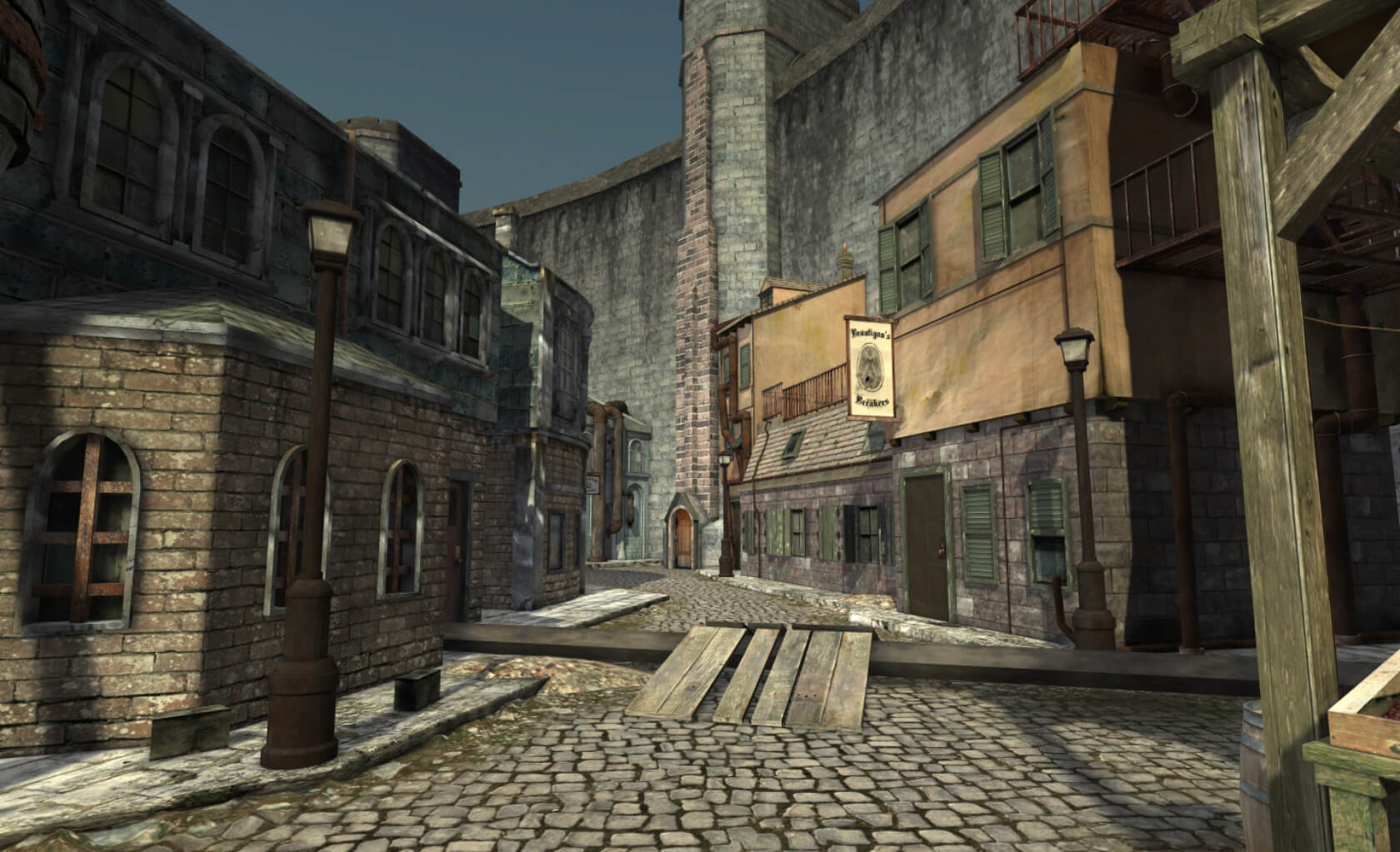 A first person game with the viewer observing an empty town street. Grey colors throughout.