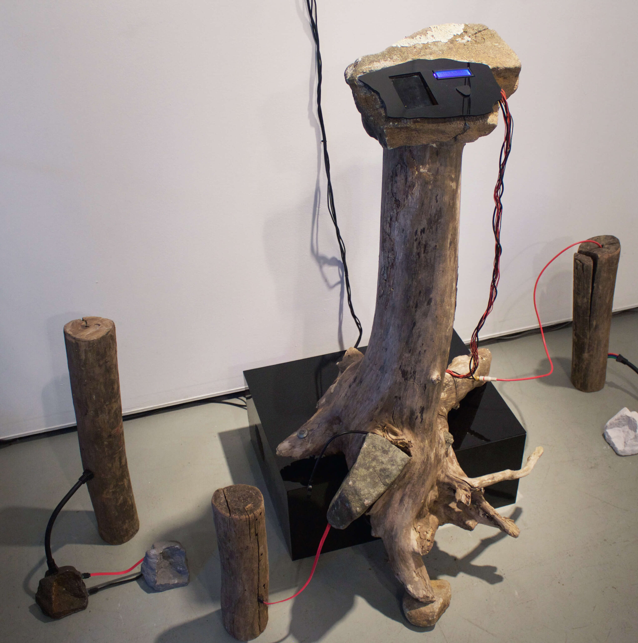 An interactive installation consisting of a tree trunk connected to smaller pieces of wood by a cable and controller device.