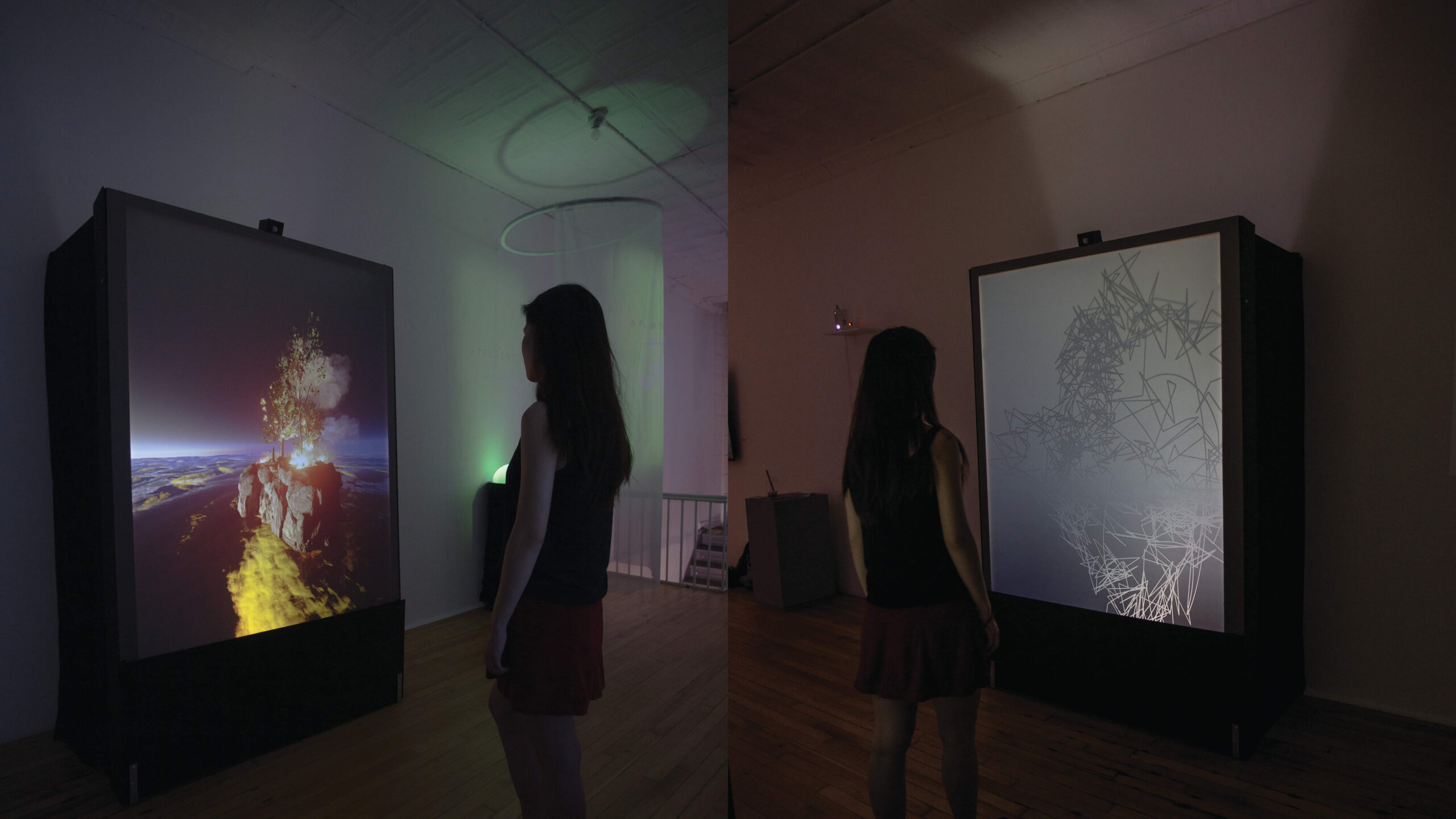 Two images of a woman standing in front of an interactive art installation consisting of a large rectangular box with a screen in front of it.