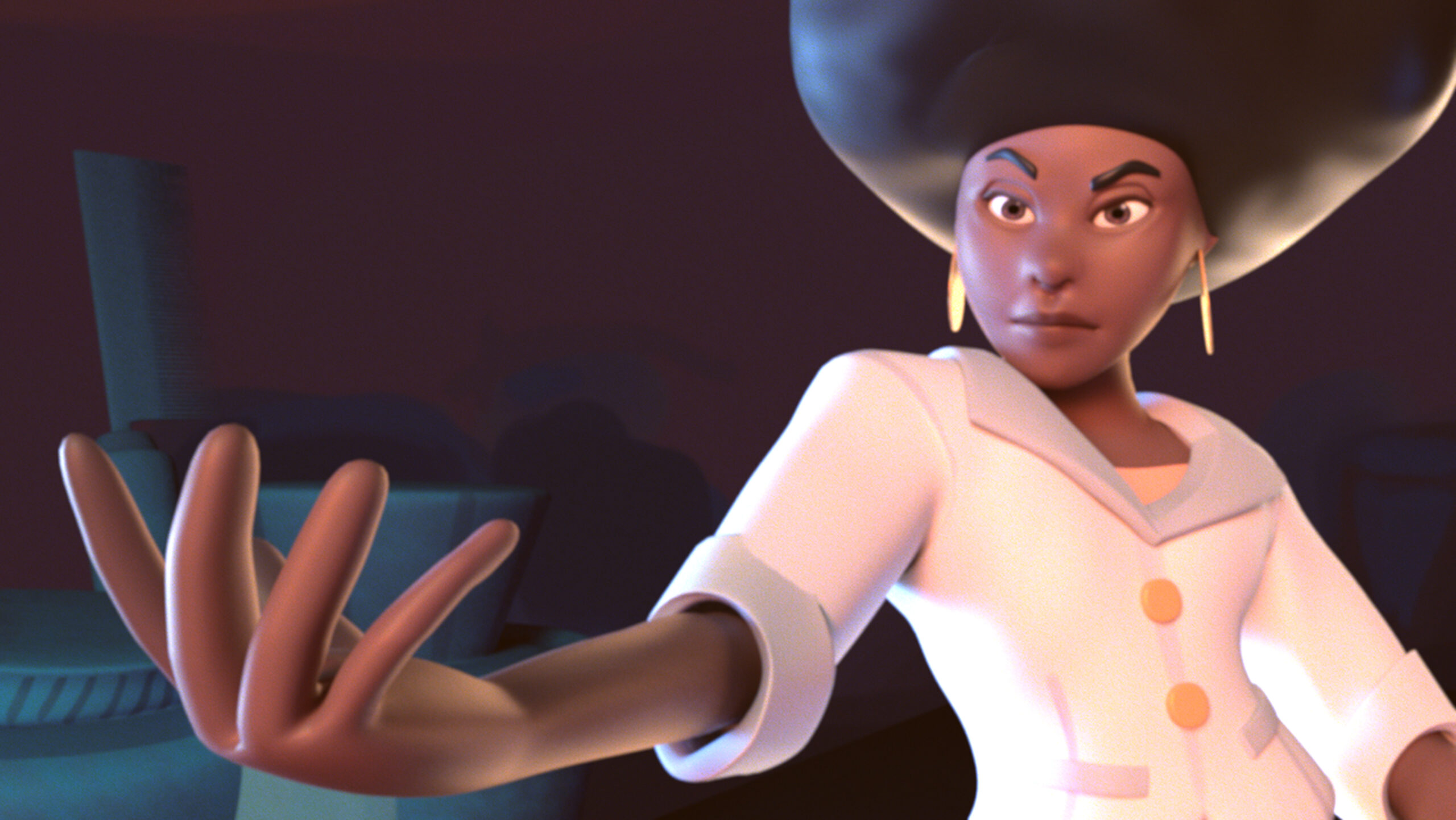 An animated woman of color with an afro extends her hand towards the viewer with a face of determination.