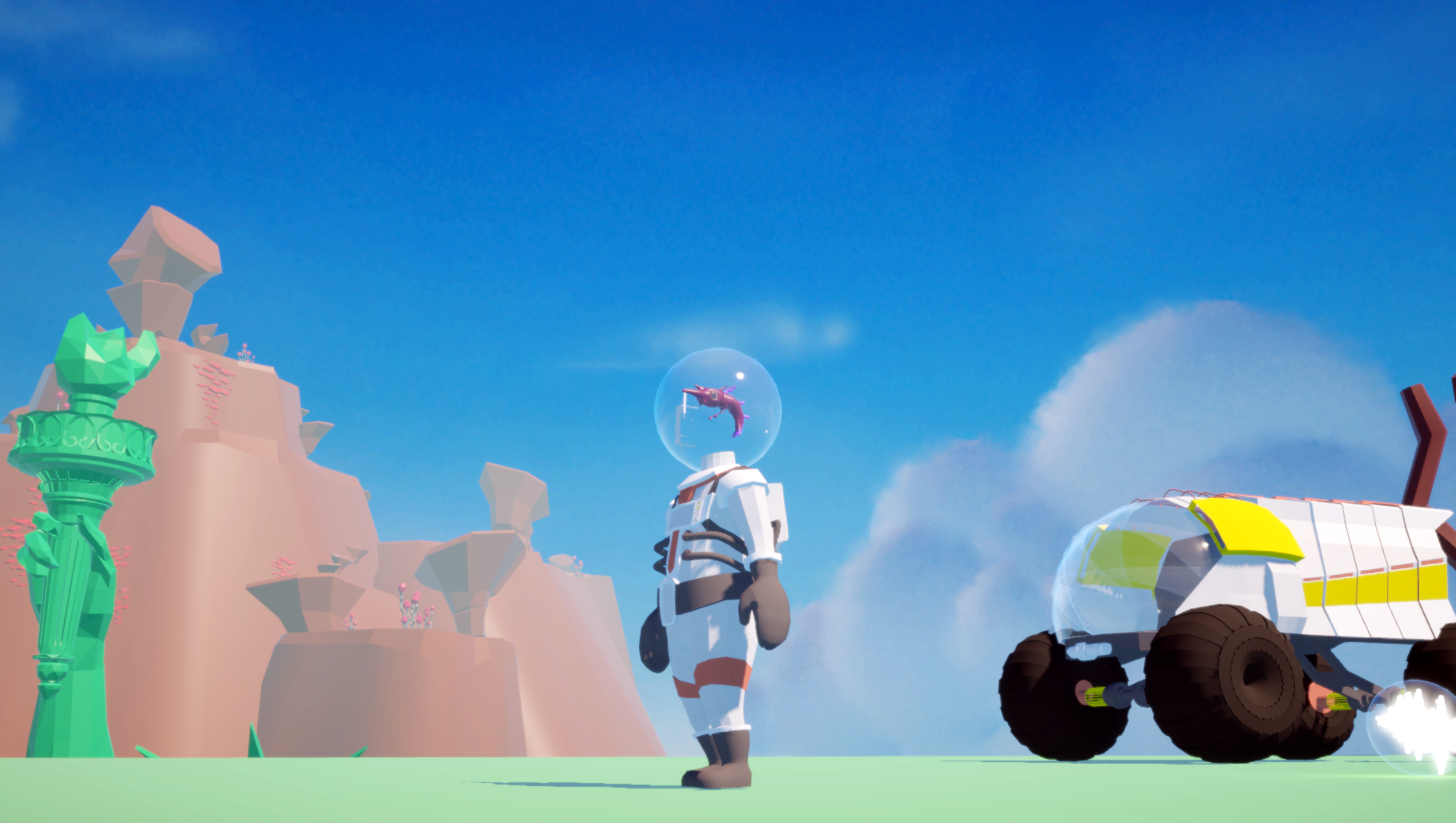 screenshot of video game, depicting lowpoly styled astronaut, wearing space suit, standing on desert terrain, with rover and arm of statue of liberty in background
