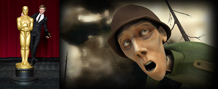 An image edit of a man standing next to an Oscars award statue and an animation render of a word war soldier looking up to gloomy skies.