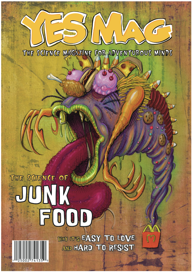 Illustration of a fish made from junk food as the cover of a magazine