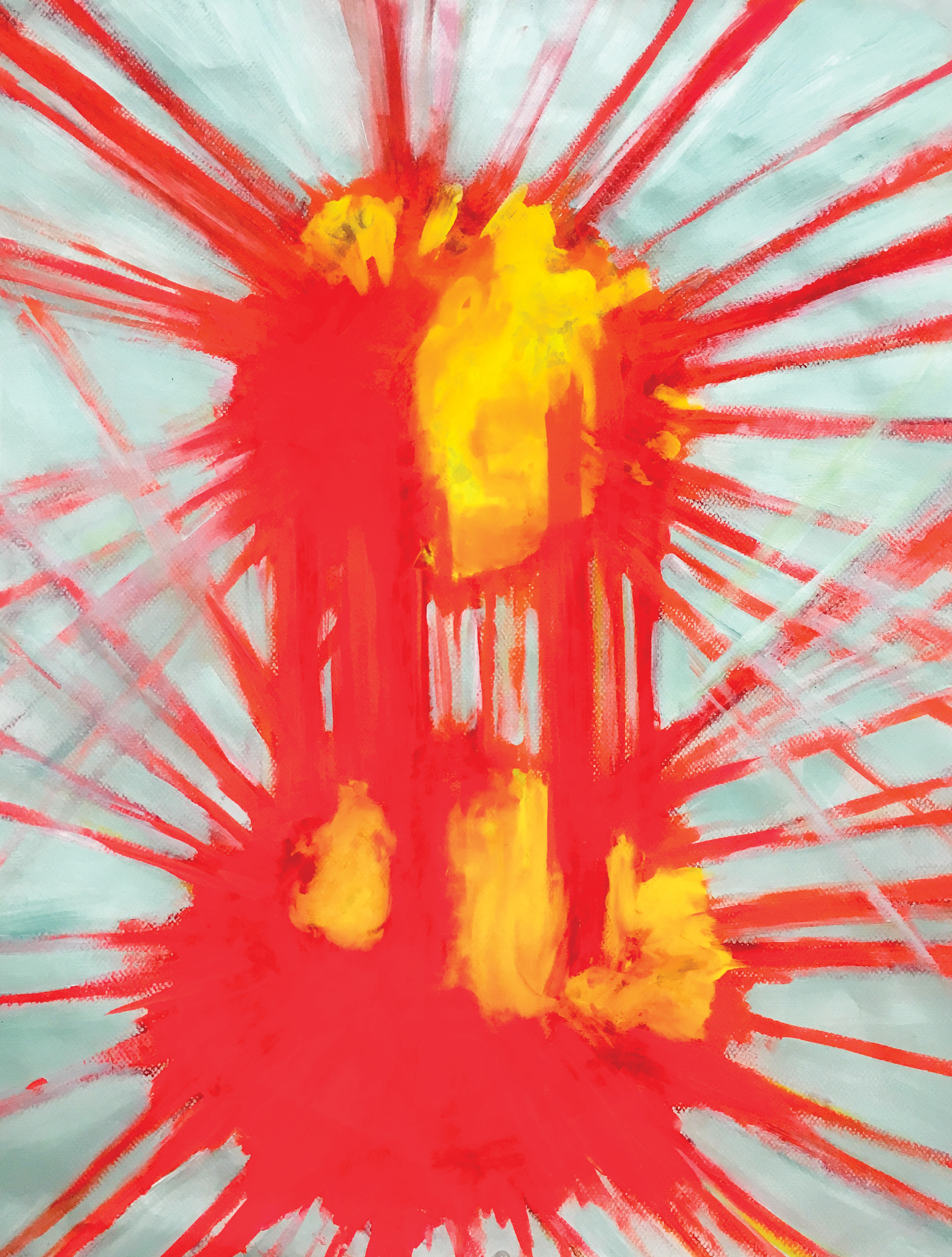 An abstract painting in the portrait orientation. Two reddish-orange bursts of color are positioned above and below each other vertically. They have rays of color stretching out from them and swatches of yellow more towards the center of the bursts.