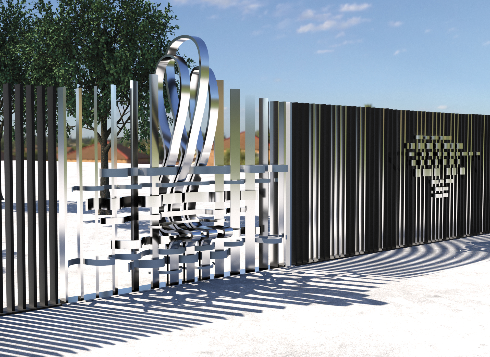 Slatted fence with woven reflective metal insertion that extends out in the center to form seats