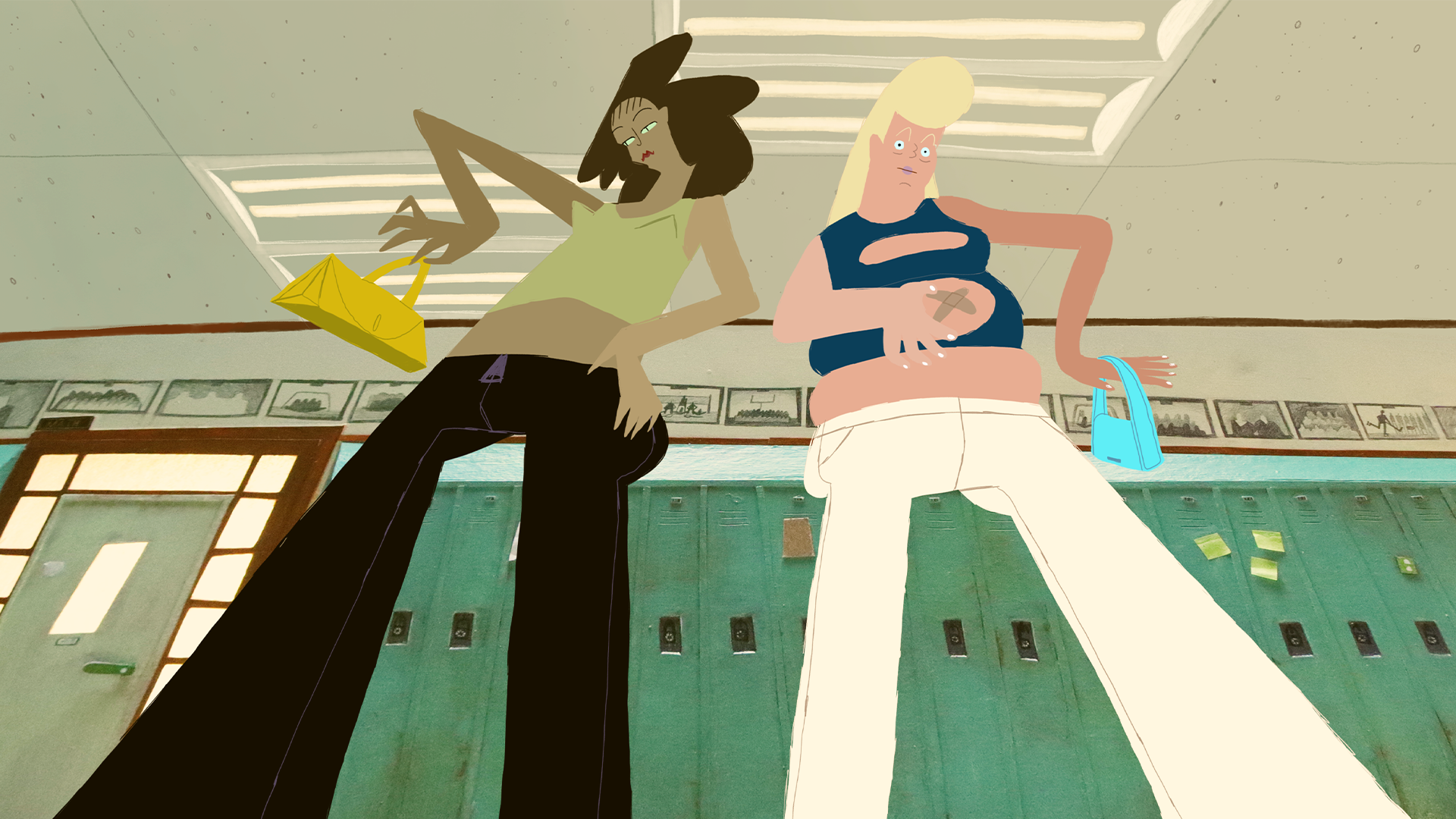 A stylized animation frame showing two exaggeratedly proportioned characters standing over the viewer in a school hallway with green lockers. The scene uses dramatic perspective and bold cartoonish shapes.