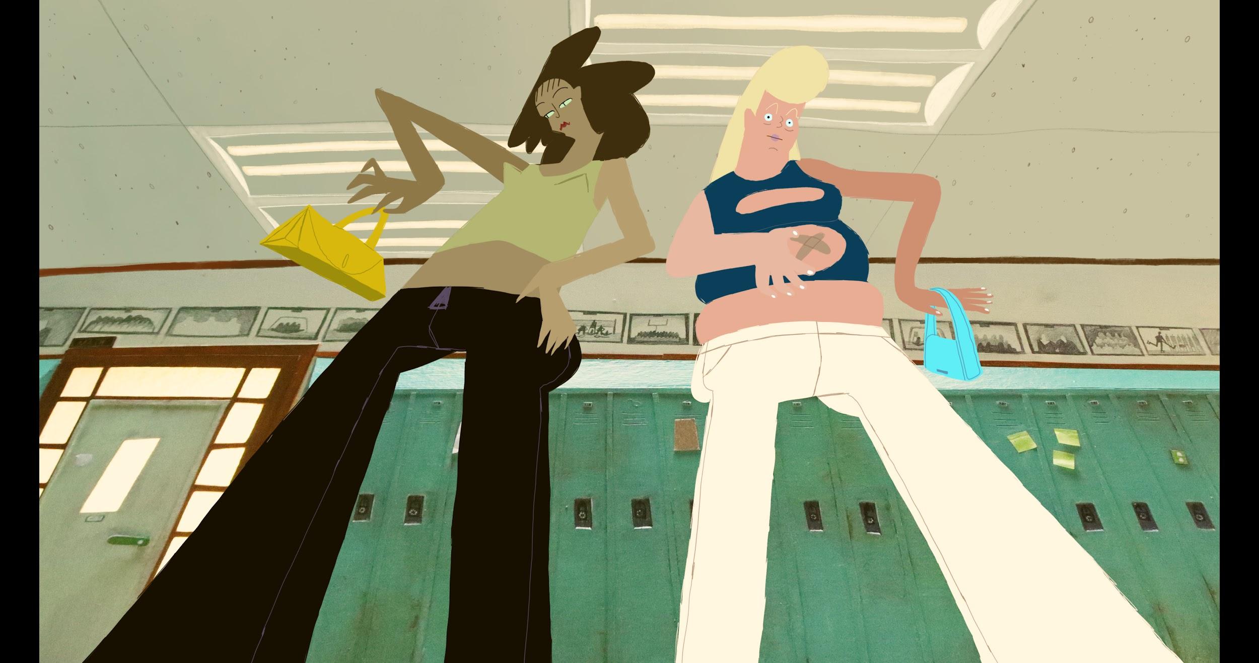 A stylized animation frame showing two exaggeratedly proportioned characters standing over the viewer in a school hallway with green lockers. The scene uses dramatic perspective and bold cartoonish shapes.