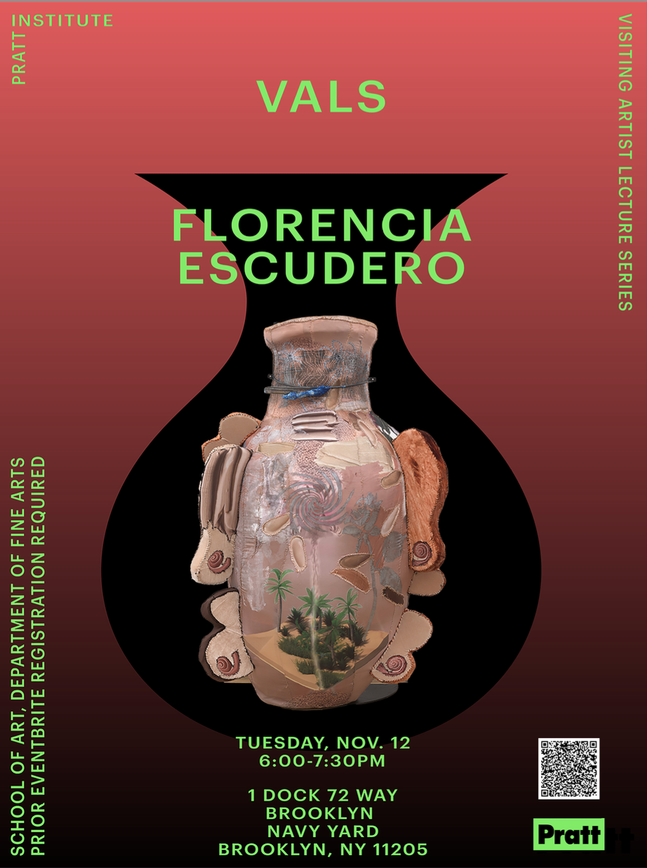 A poster with a gradient backdrop from red to black. In the center of the poster is a dark shape of a vase. A smaller image of a vase by artist Florencia Escudero is inset within the outline of the larger vase shape. Bright green letters with the date, time, location, and a QR code to register for the event is listed on the flyer.