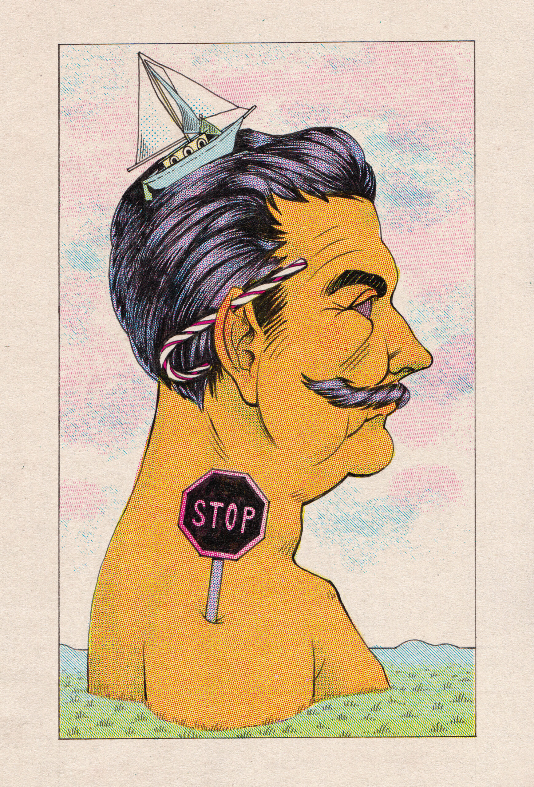 Surreal illustration of a man in profile with dark hair and a mustache, set against a pastel sky. A small sailboat rests on top of his head, and a red-and-white striped candy cane pierces his ear. A red stop sign grows from his neck like a collar, and the lower half of his body appears submerged in water.