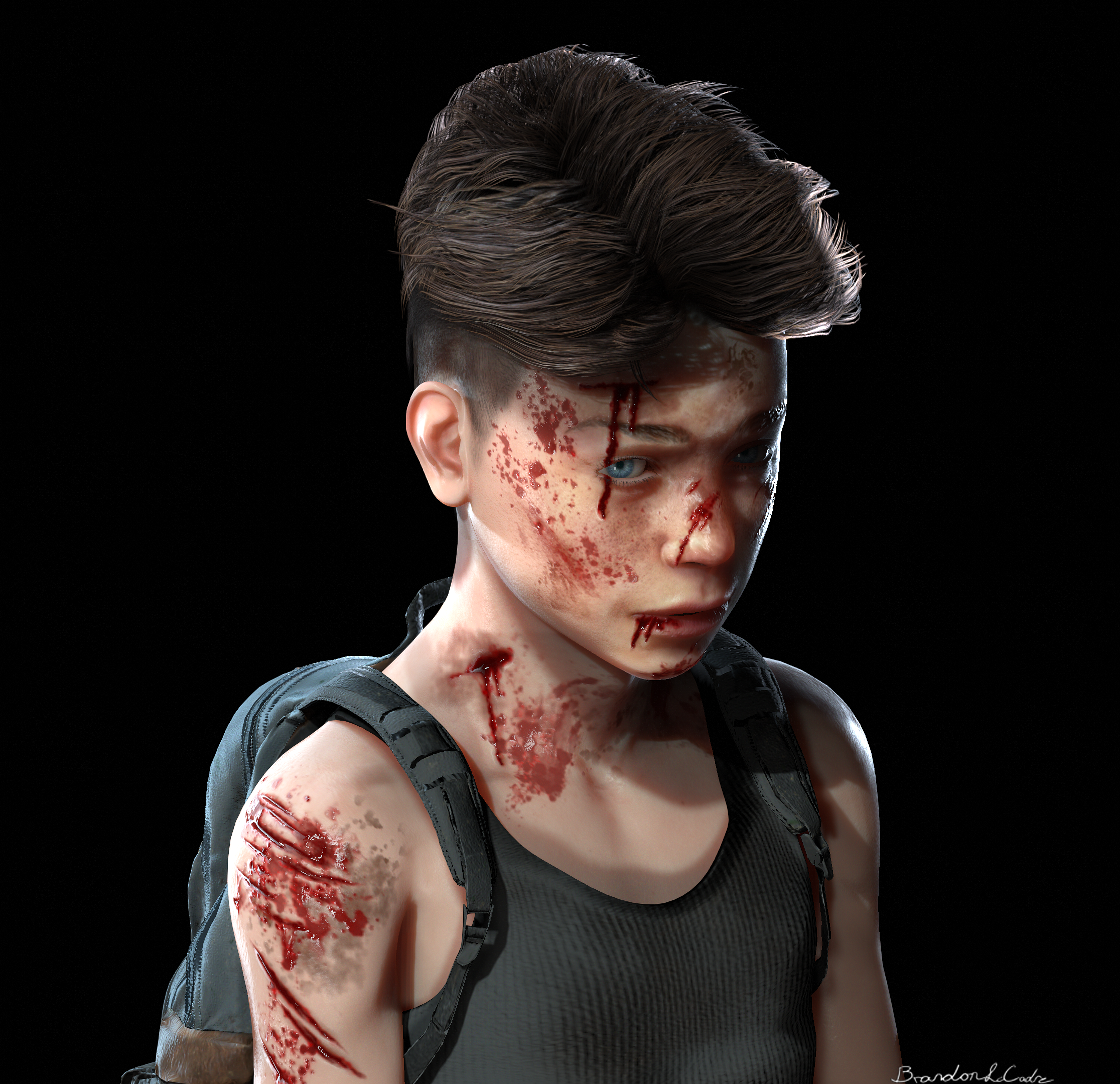 Highly realistic 3D render of a young boy with short brown hair, wearing a black tank top and backpack straps. His face and arms are bloodied and bruised, with scratches and gashes visible on his skin. He looks forward with a somber, pained expression against a black background.