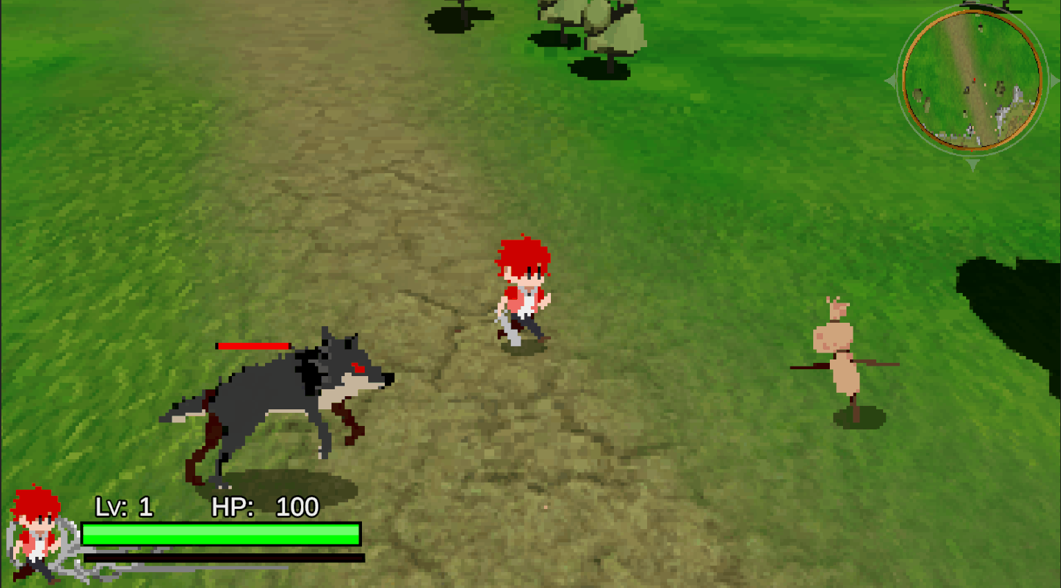 Pixelated RPG-style battle screen showing a red-haired character facing off against a wolf and a stick-like enemy on a grassy terrain. A status bar at the bottom left displays “Lv: 1” and “HP: 100,” with a green health bar beneath. A minimap appears in the upper right corner.
