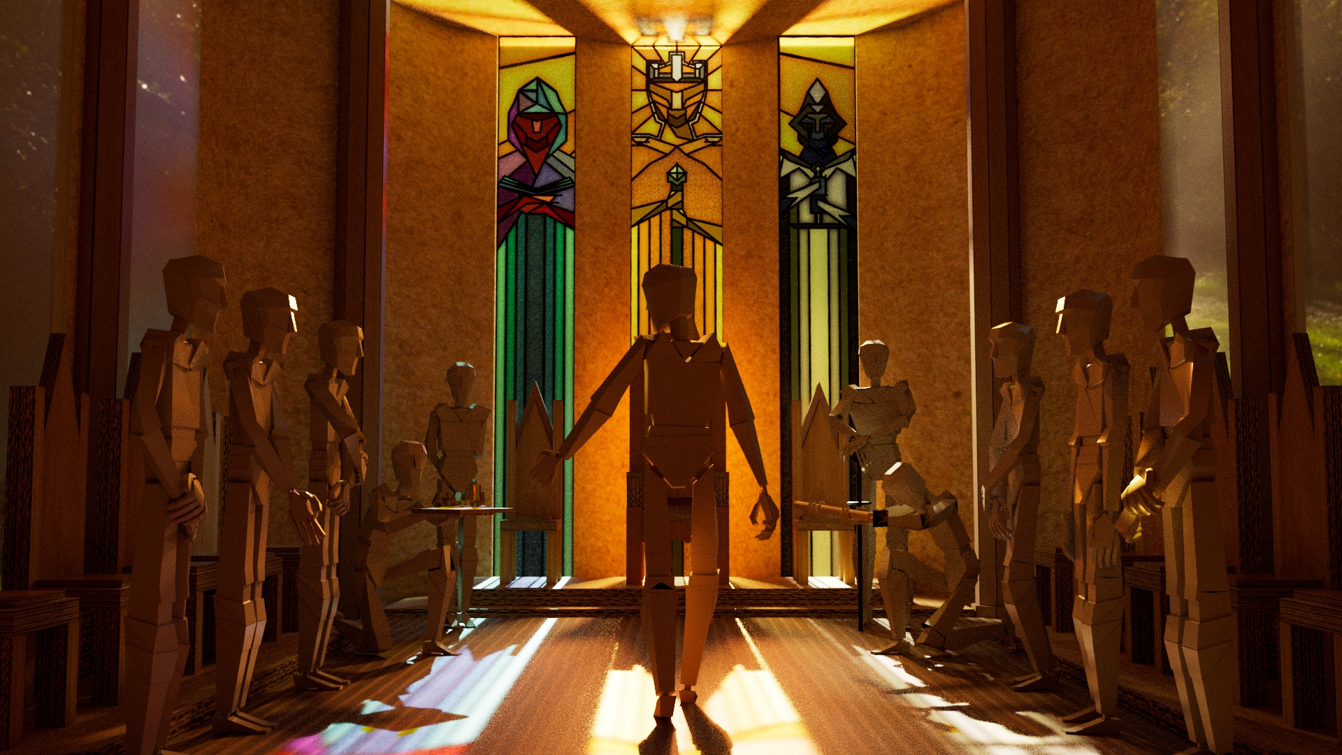 Digital rendering of a throne room with stylized wooden humanoid figures arranged on either side of a central aisle. One figure walks forward toward a throne framed by three tall stained-glass windows, each depicting abstract armored figures in red, green, and blue. Warm golden light streams through the windows, casting colorful patterns on the floor.