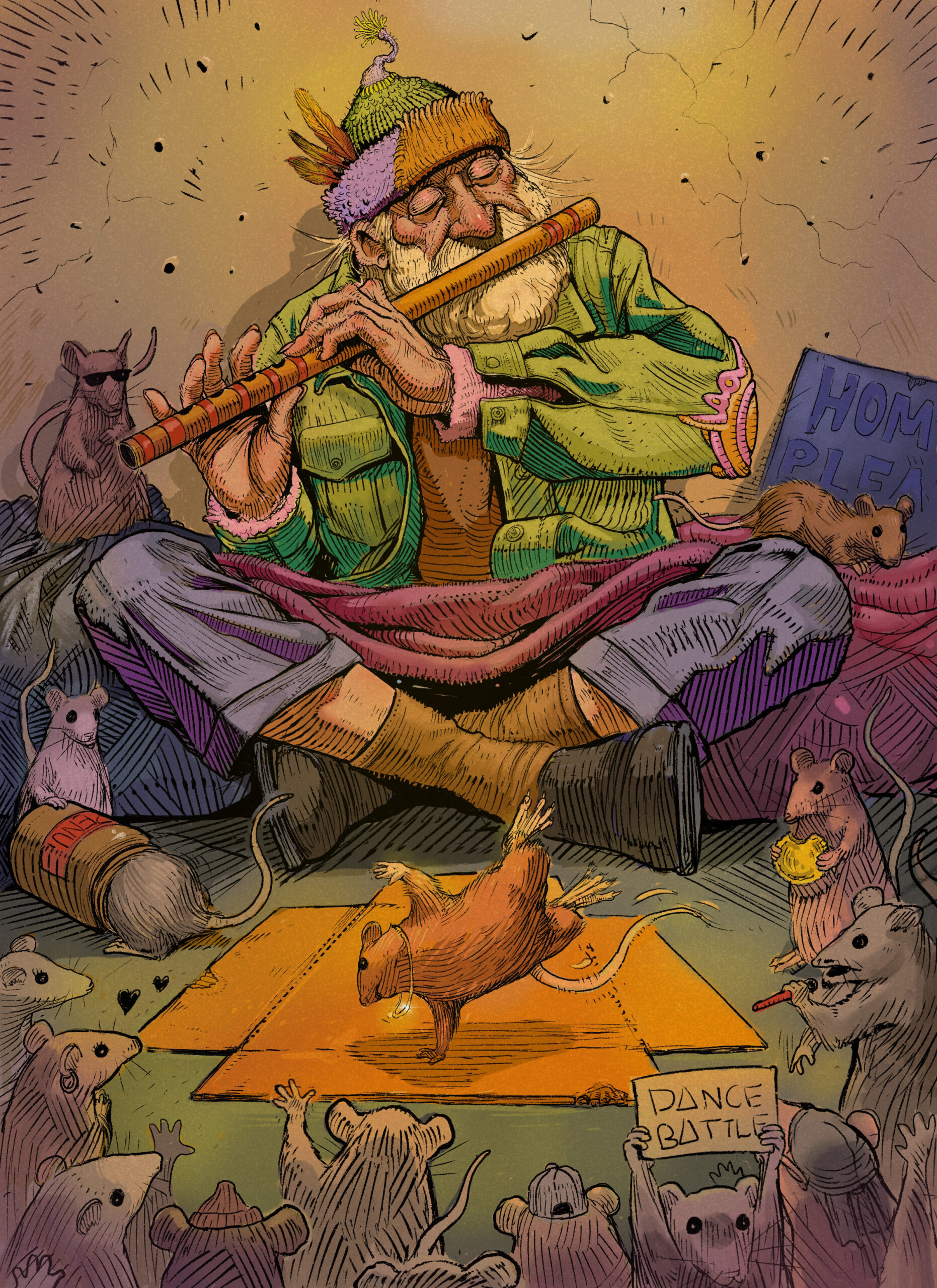 An illustration of an older man with a beard, wearing a knit cap with feathers, playing a flute. He sits cross-legged on blankets while surrounded by numerous mice. In front of him, one mouse dances on a small orange mat while others watch, holding signs like “DANCE BATTLE.” The scene is lively and whimsical with detailed linework.