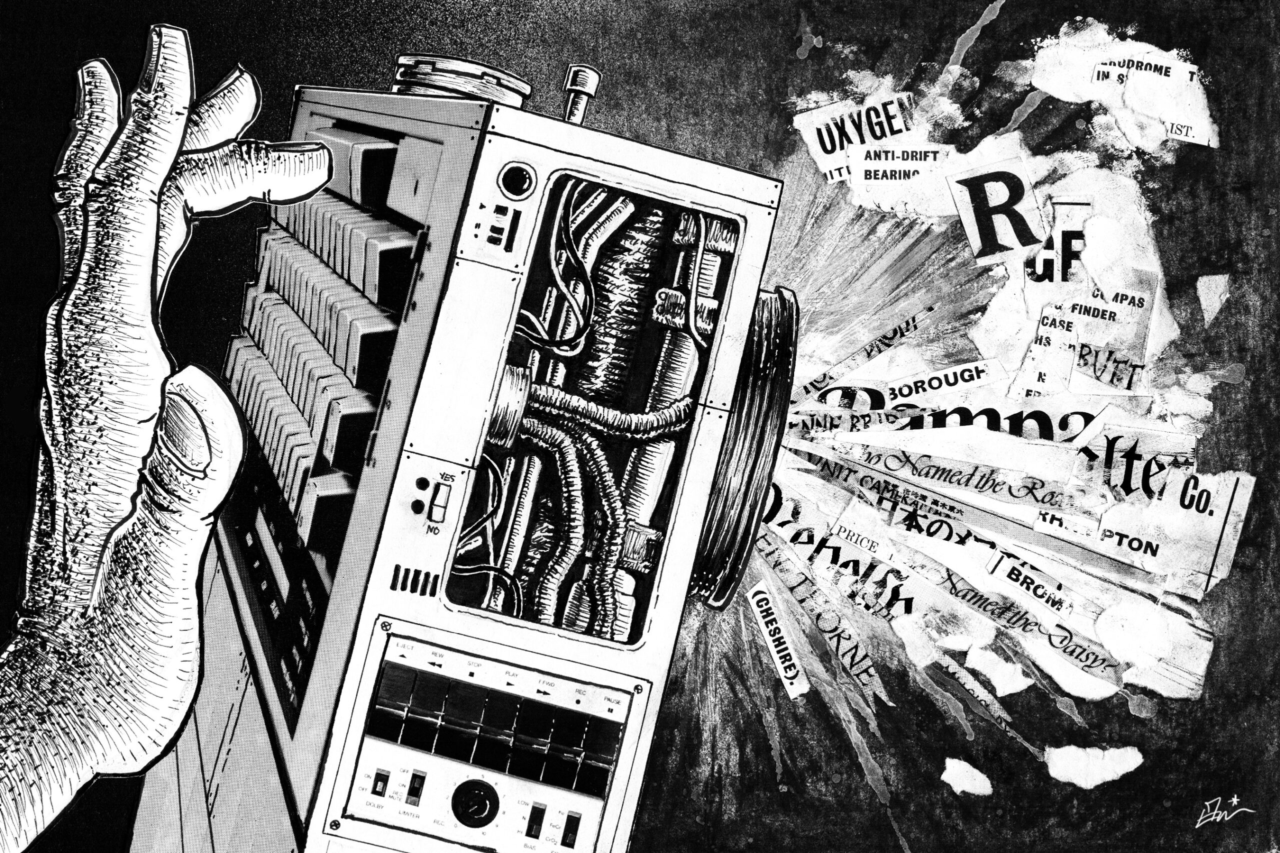 A black-and-white illustration of a hand adjusting a large, detailed machine with exposed wires and mechanical parts. To the right, torn and fragmented text clippings explode outward, including words like “OXYGEN,” “BEARING,” and “Rutter Co.” The image has a stark, graphic style.