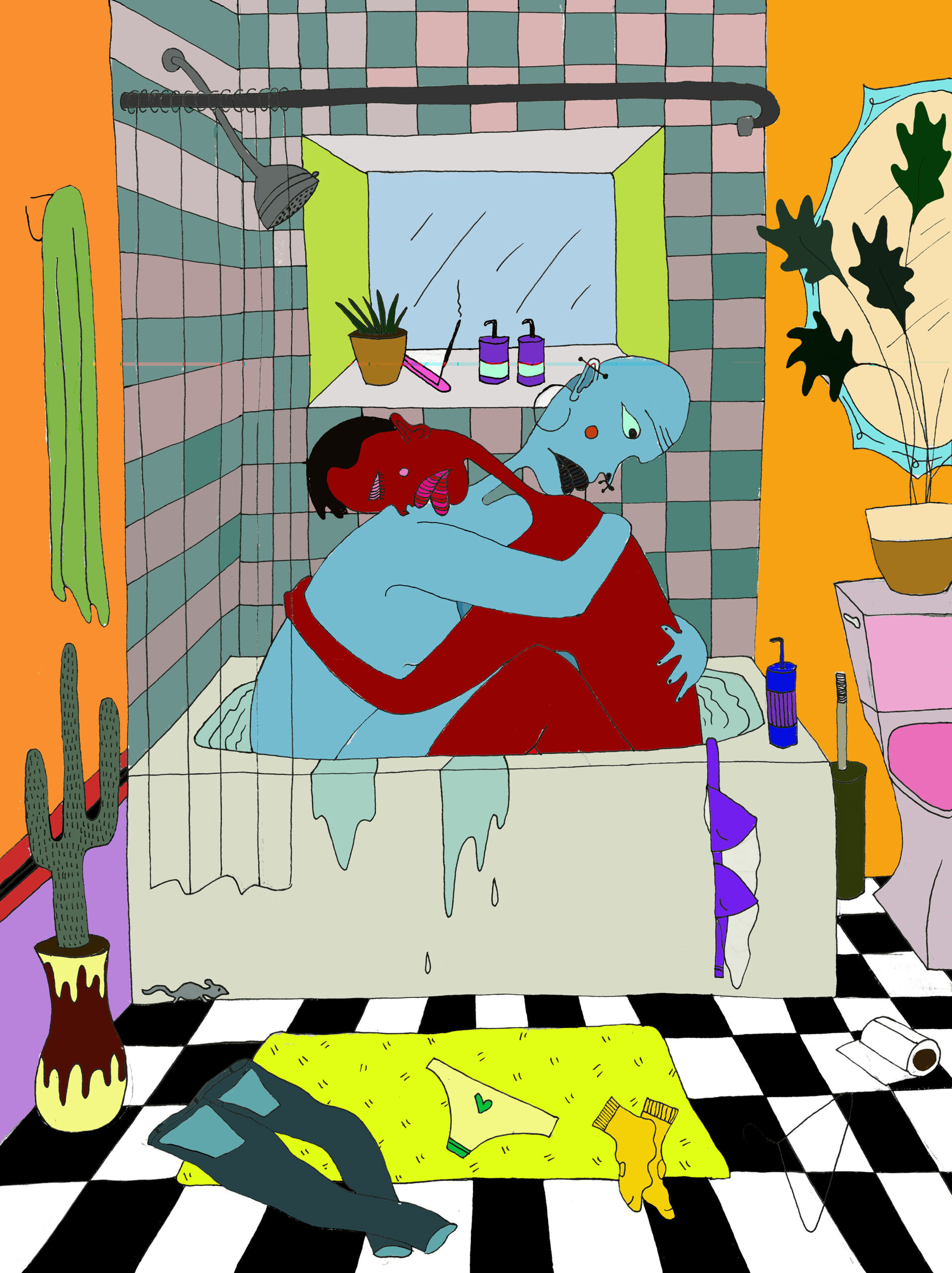 Colorful, cartoon-like illustration of two figures embracing in a bathtub. One figure is blue and the other red, both partially clothed. The bathroom is decorated with a cactus in a vase, a leafy plant, and toiletries on shelves. Clothes are scattered on the black-and-white checkered floor, and water drips from the overflowing tub.