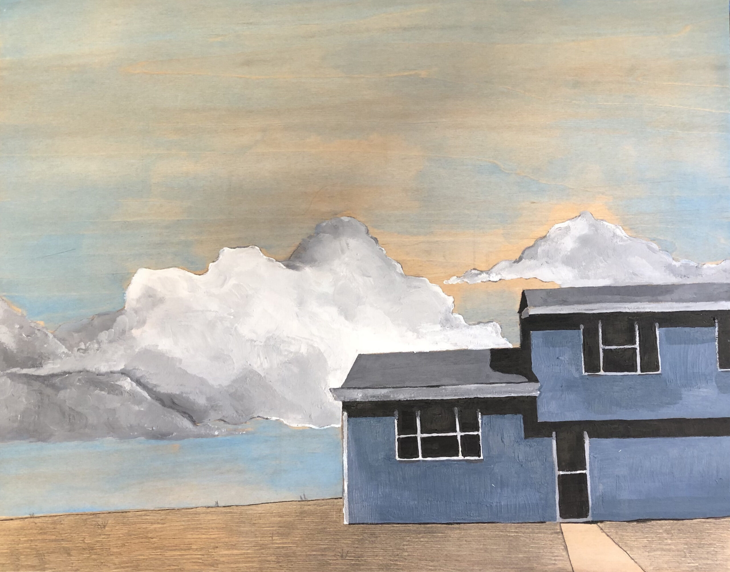 Painting of a flat, geometric blue house against a desert-like ground plane and a vast sky. Large, dramatic clouds dominate the background, rendered in shades of white and gray against a muted orange and blue sky. The work evokes stillness and isolation.