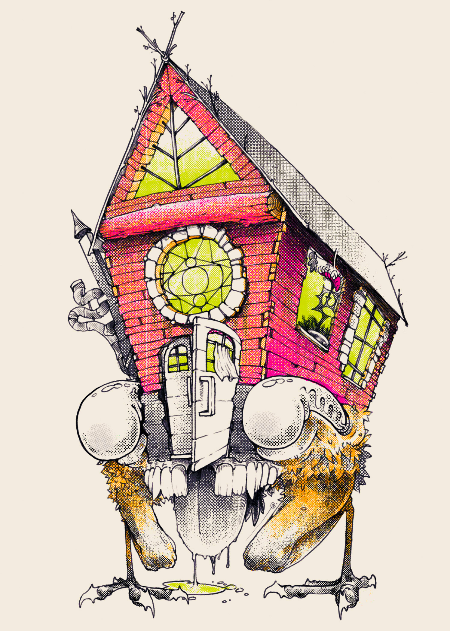 Whimsical, surreal drawing of a crooked house with red walls, green windows, and a black roof, standing on two large bird legs. The house has exaggerated features like bulging shapes and dripping textures, combining architectural and organic elements into a fantastical creature-like form.