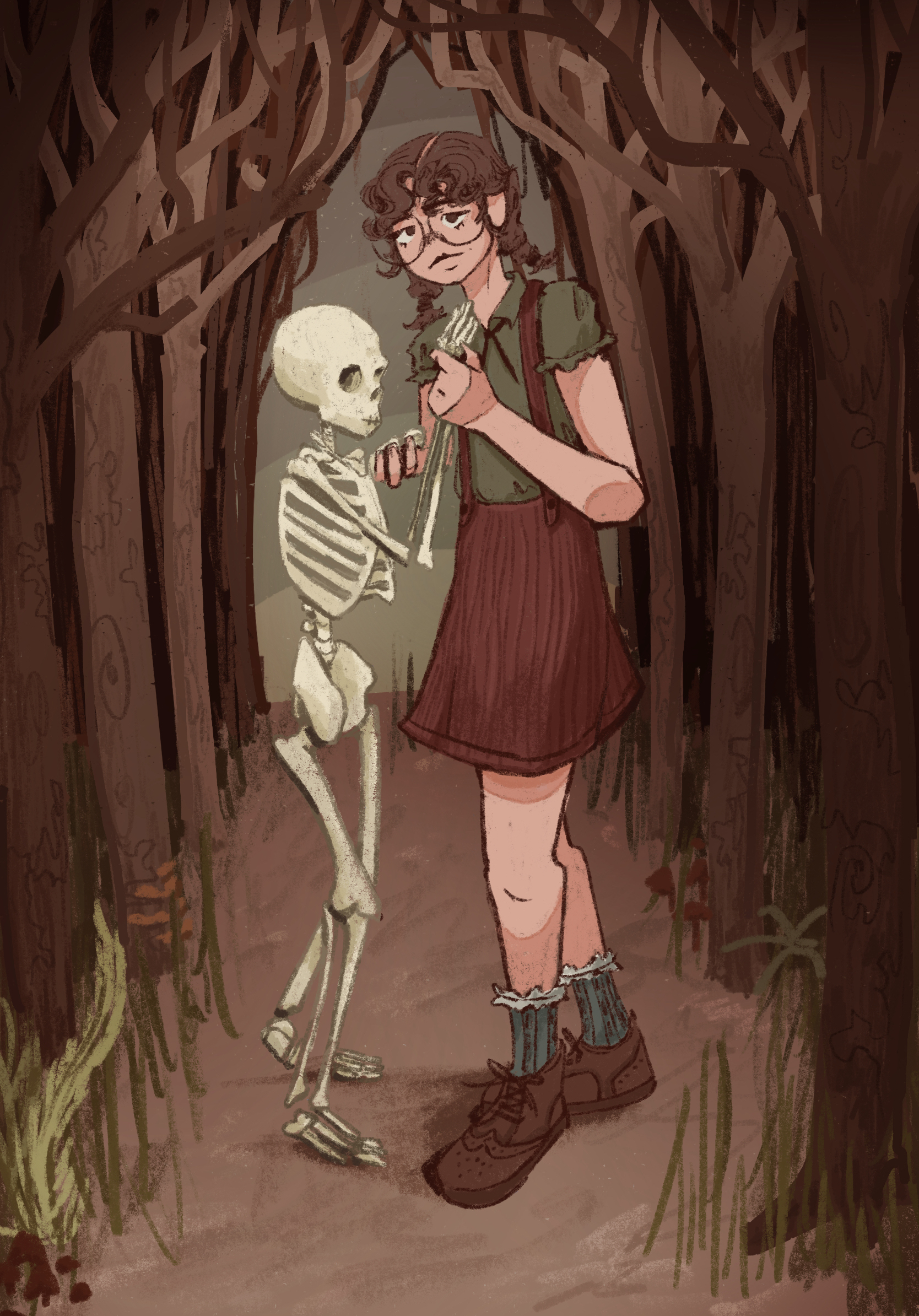 An illustration of a person with short brown hair, glasses, and suspenders standing in a dark forest. They hold the hand of a skeleton that stands beside them, surrounded by tall trees and foliage with an eerie, muted color palette.