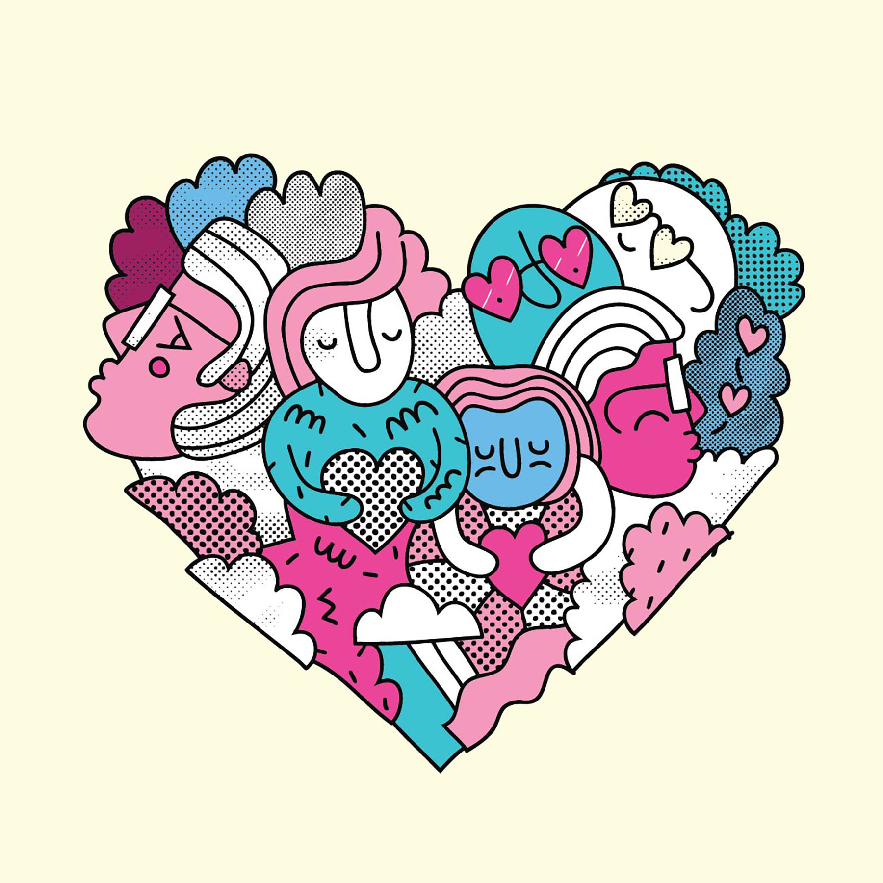 A colorful illustration in a cartoon-pop style depicting a cluster of abstract, stylized human figures with hearts, clouds, and playful shapes arranged into the form of a heart. The palette is bright pink, blue, black, and white with dot-texture patterns.