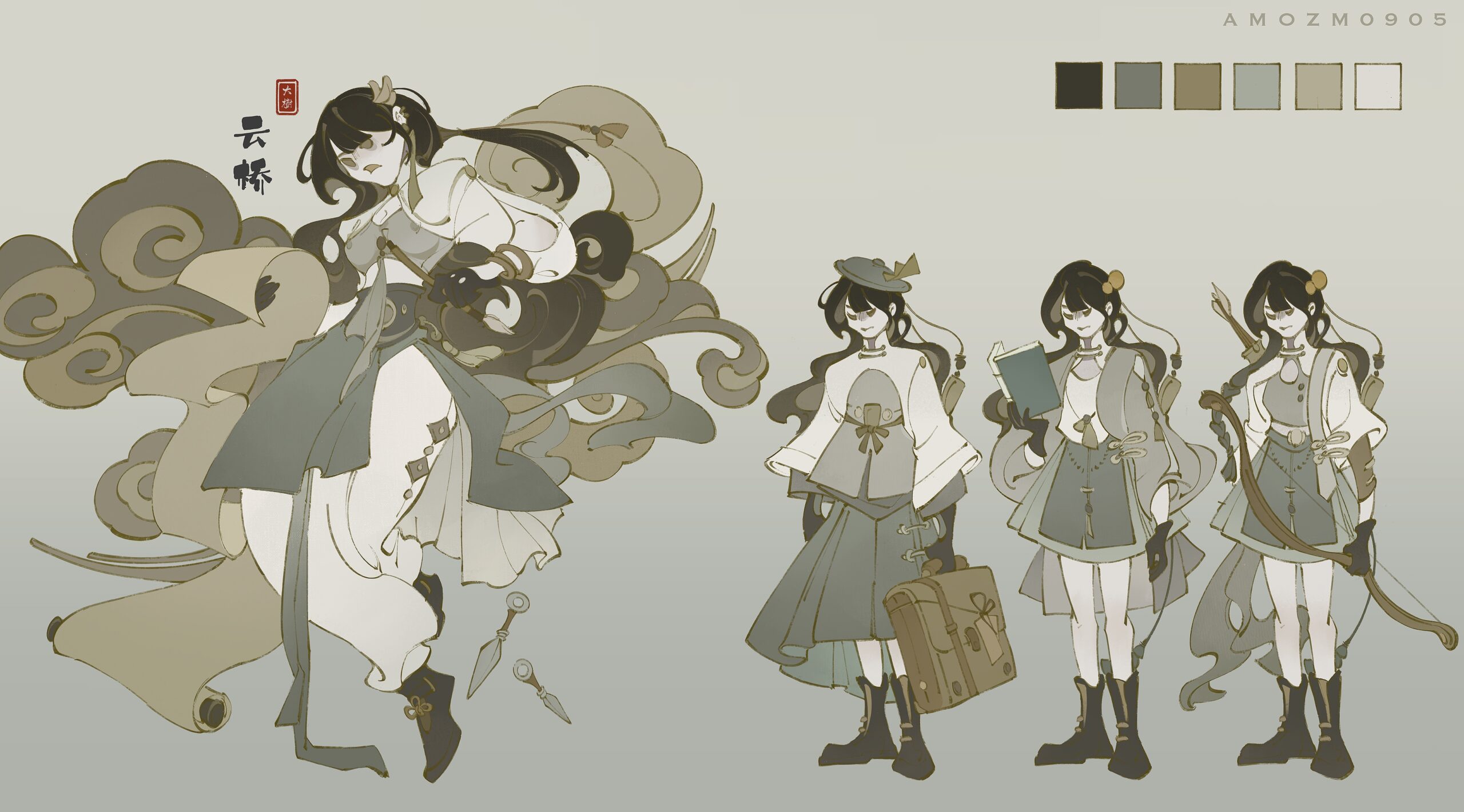 Character design sheet featuring an elegant young woman with long black hair styled with accessories. On the left, she is depicted floating with swirling cloud motifs and flowing garments. On the right, three variations show her in outfits with books, luggage, and a bow. A muted color palette of grays, greens, and beige is displayed at the top.