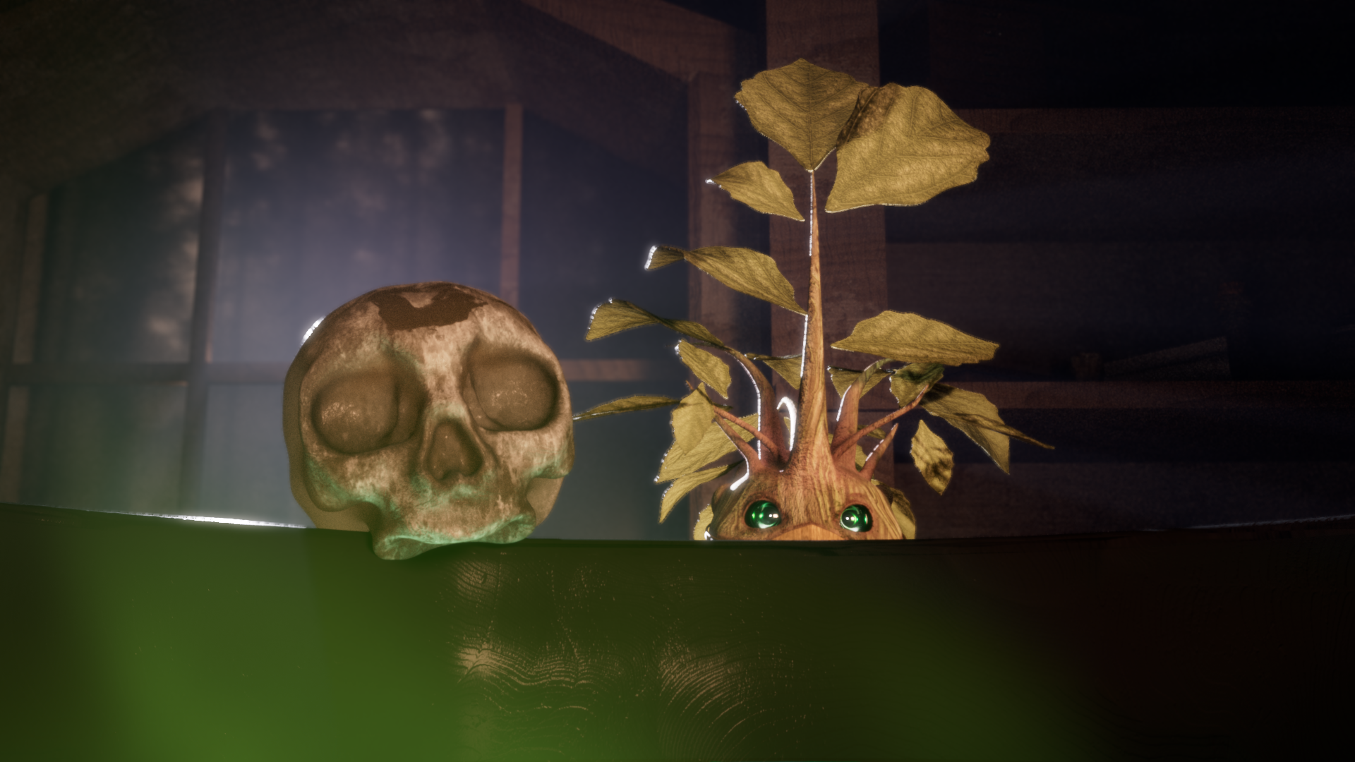 A stylized skull with a faded green hue sits beside a small, anthropomorphic plant creature with big green eyes and leaf-like features. The background is slightly blurred, suggesting an indoor setting with shelves. A faint light illuminates the scene, giving it a mystical atmosphere.