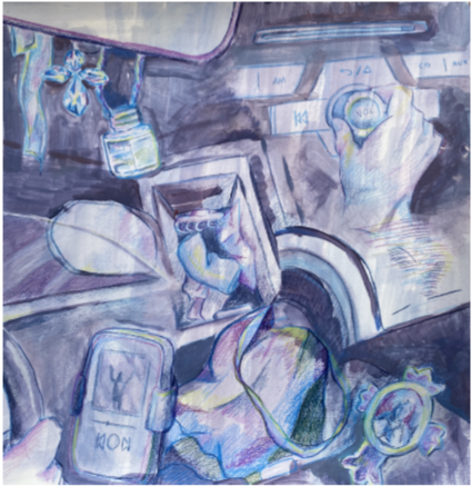 An abstract and colorful drawing depicting the interior of a car. Visible elements include a hand adjusting a car knob, various objects on the dashboard, and items like a phone and small decorations. The colors blend together in a vibrant, sketch-like style, creating a dynamic sense of motion and energy.