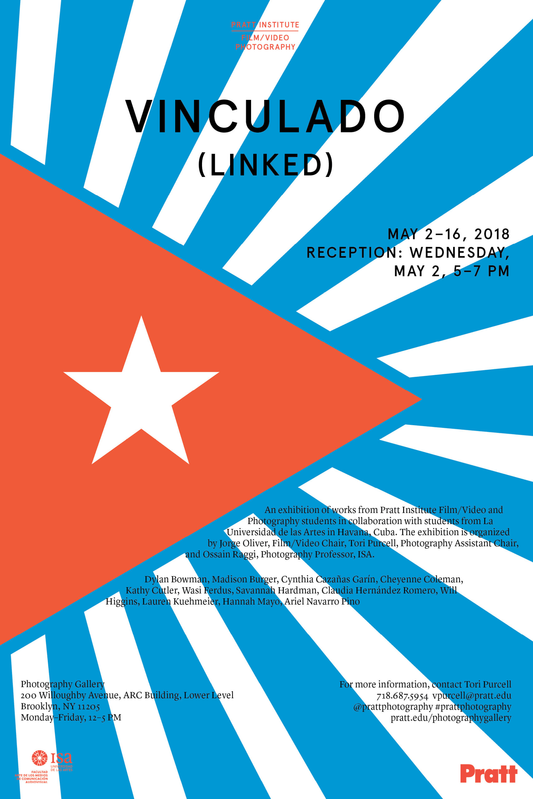 Poster with an Cuban flag in the background for the Vinculado Exhibition.