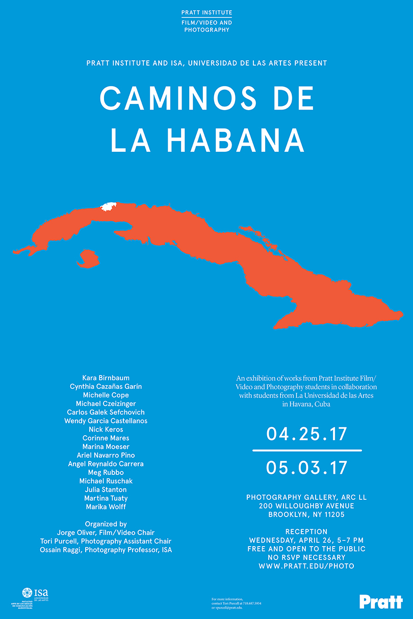 Poster for the Caminos de la Habana exhibition in all blue background with the geographic graphic of the island of Cuba.