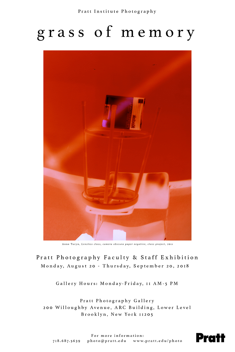 White poster with an image at the center for the Grass of Memory Exhibition.