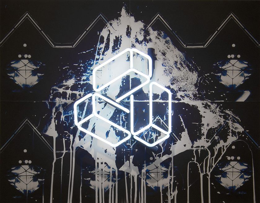 Poster for the All Distance Exhibition with neon sculpture on black backdrop.