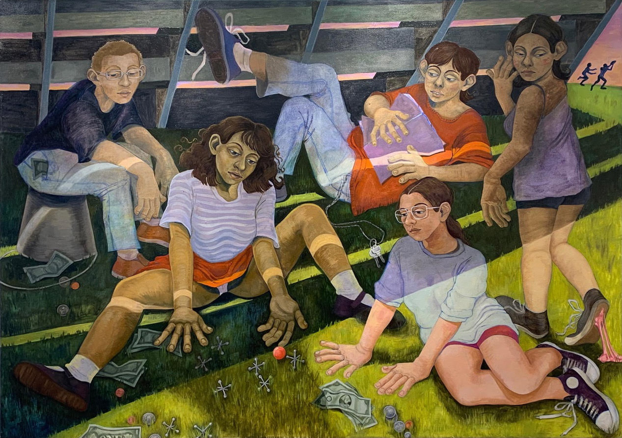 A painting of five kids hanging out behind some bleechers. They are playing and betting on a game of jax