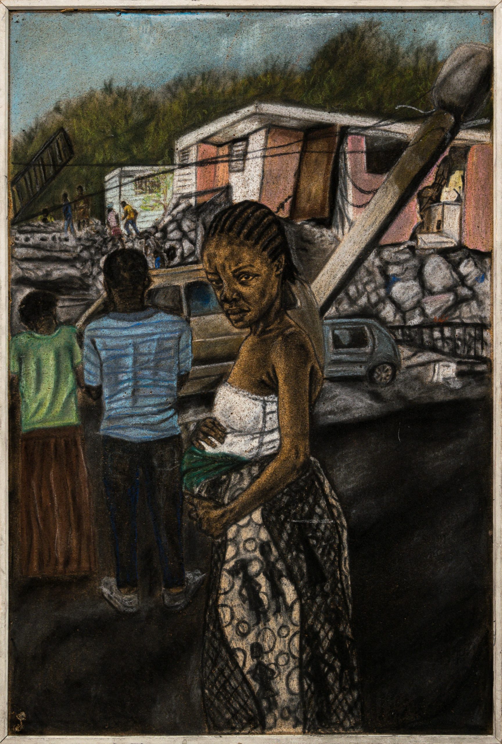 a colored drawing depicting a pregnant woman looking at the viewer. She stands in front of two young adults facing the other way. The scene behind them looks like one of disarray after a flood or hurricane.